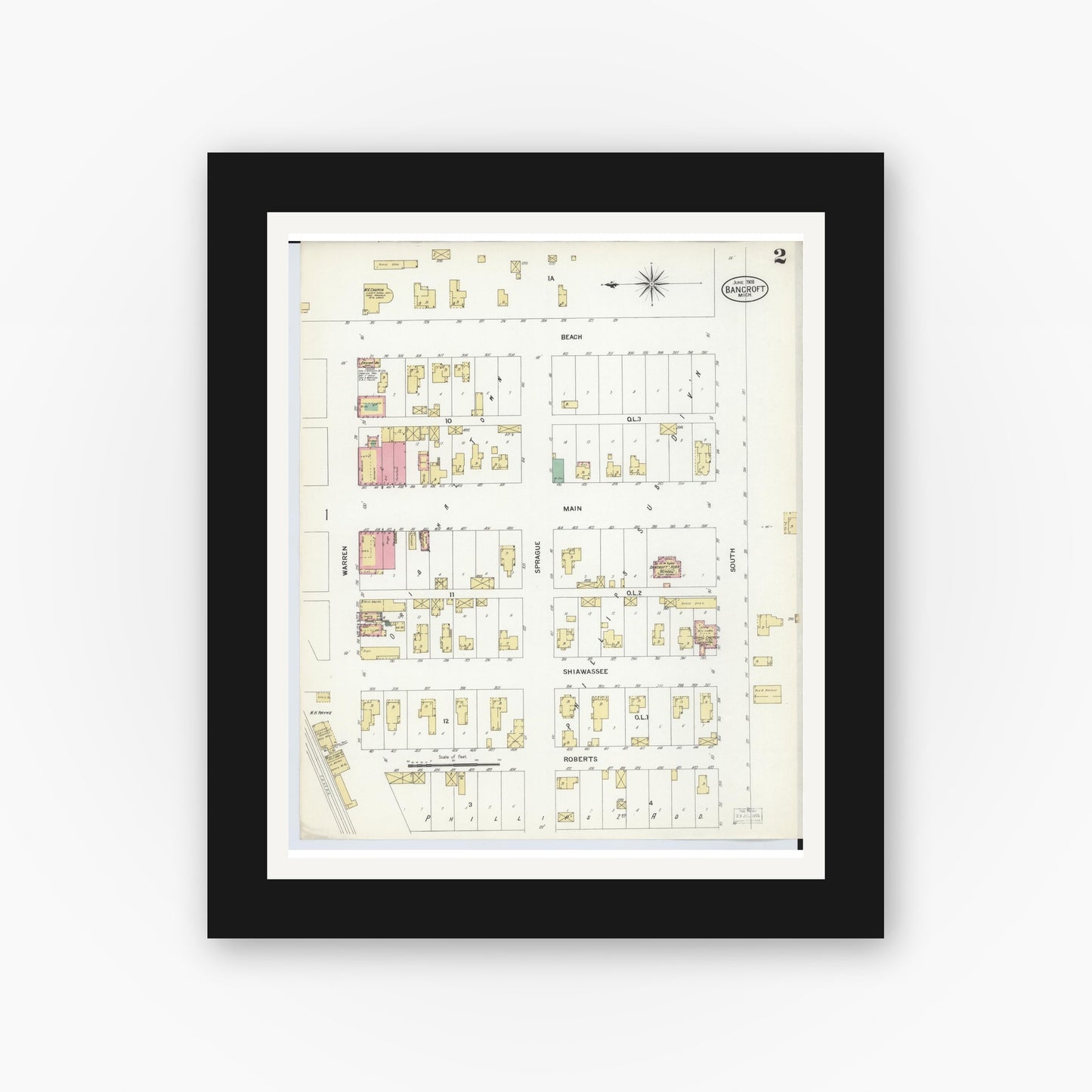 Old map wall art mockup — black gallery frame with white mat — Sanborn Fire Insurance Map from Bancroft, Shiawassee County, Michigan (1908), Sheet #0002