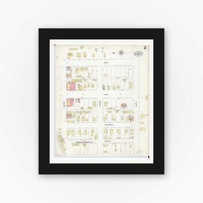 Old map wall art mockup — black gallery frame with white mat — Sanborn Fire Insurance Map from Bancroft, Shiawassee County, Michigan (1908), Sheet #0002
