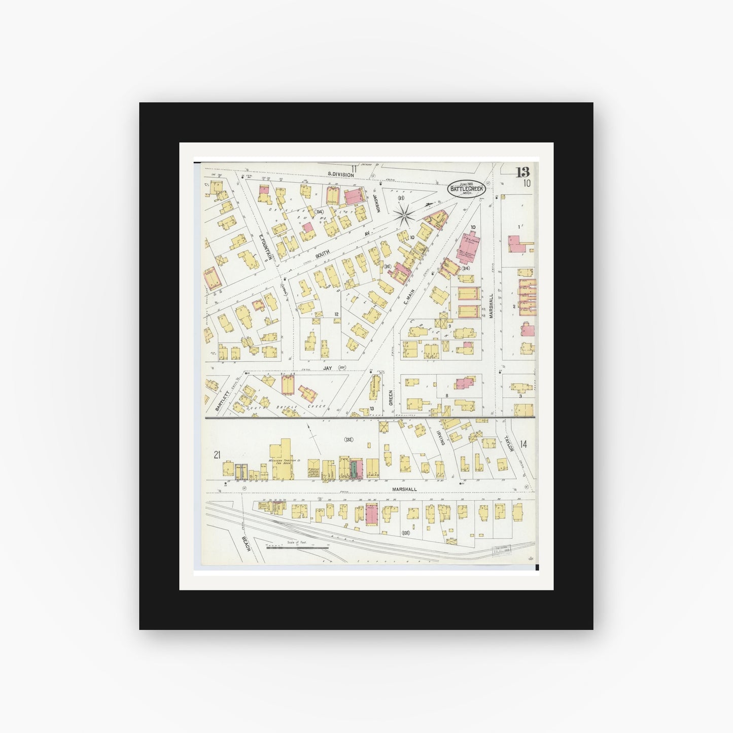 Old map wall art mockup — black gallery frame with white mat — Sanborn Fire Insurance Map from Battle Creek, Calhoun County, Michigan (1902), Sheet #0013
