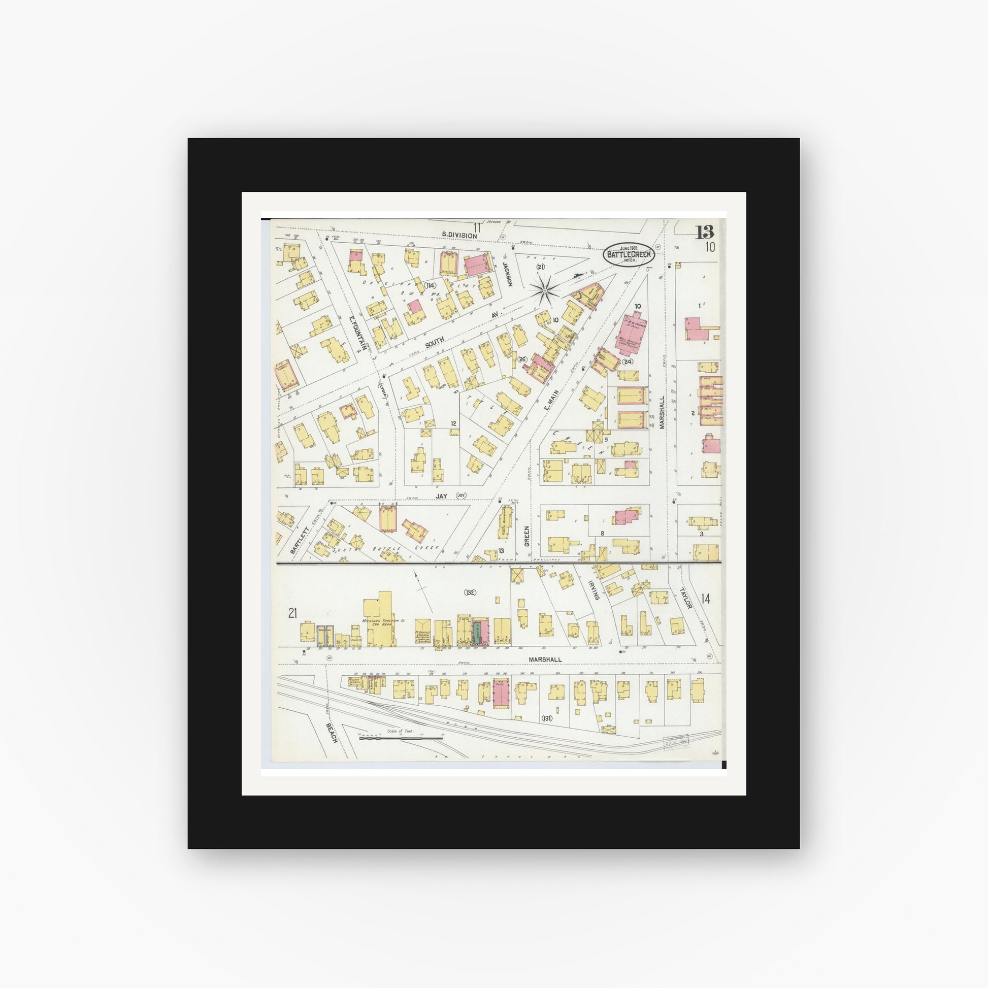Old map wall art mockup — black gallery frame with white mat — Sanborn Fire Insurance Map from Battle Creek, Calhoun County, Michigan (1902), Sheet #0013