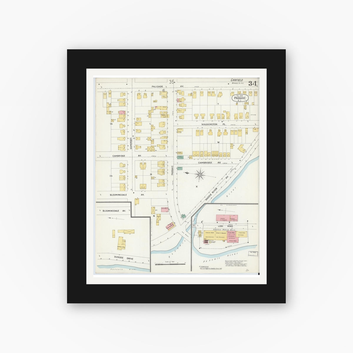 Old map wall art mockup — black gallery frame with white mat — Sanborn Fire Insurance Map from Passaic, Passaic County, New Jersey (1903), Sheet #0034