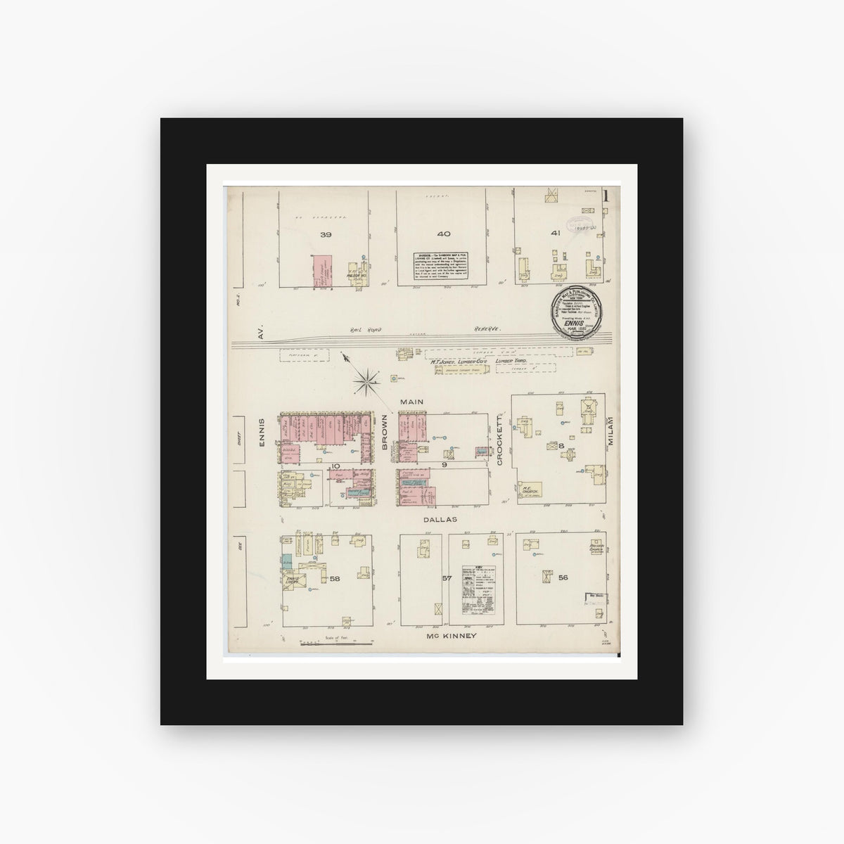 Old map wall art mockup — black gallery frame with white mat — Sanborn Fire Insurance Map from Ennis, Ellis County, Texas (1885), Sheet #0001