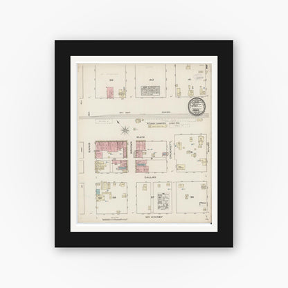 Old map wall art mockup — black gallery frame with white mat — Sanborn Fire Insurance Map from Ennis, Ellis County, Texas (1885), Sheet #0001
