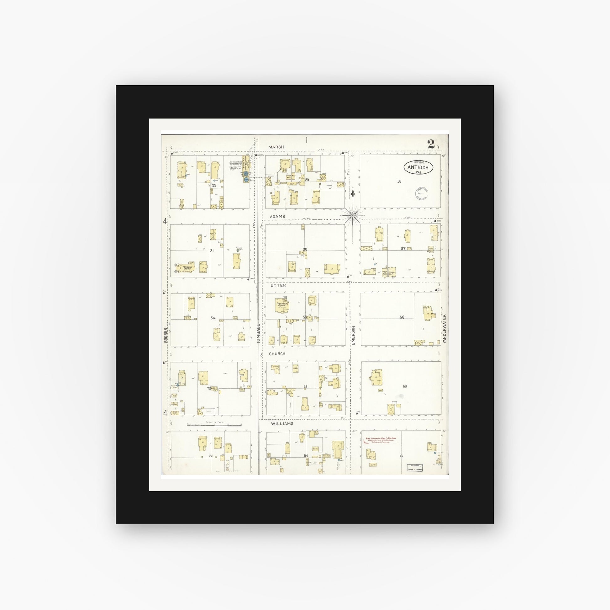 Old map wall art mockup — black gallery frame with white mat — Sanborn Fire Insurance Map from Antioch, Contra Costa County, California (1900), Sheet #0002