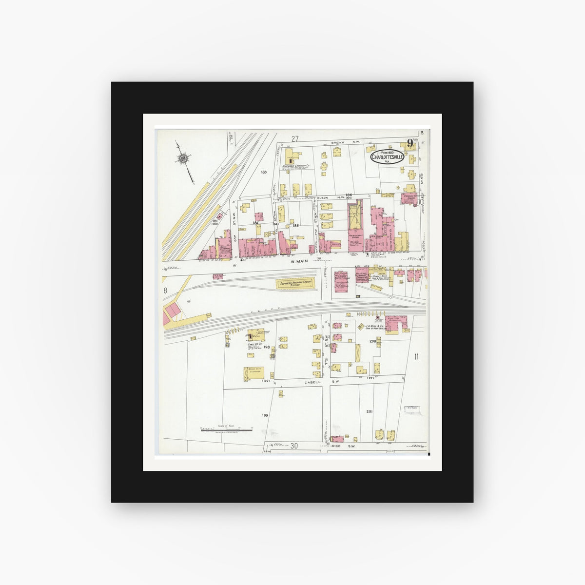 Old map wall art mockup — black gallery frame with white mat — Sanborn Fire Insurance Map from Charlottesville, Independent Cities, Virginia (1920), Sheet #0009
