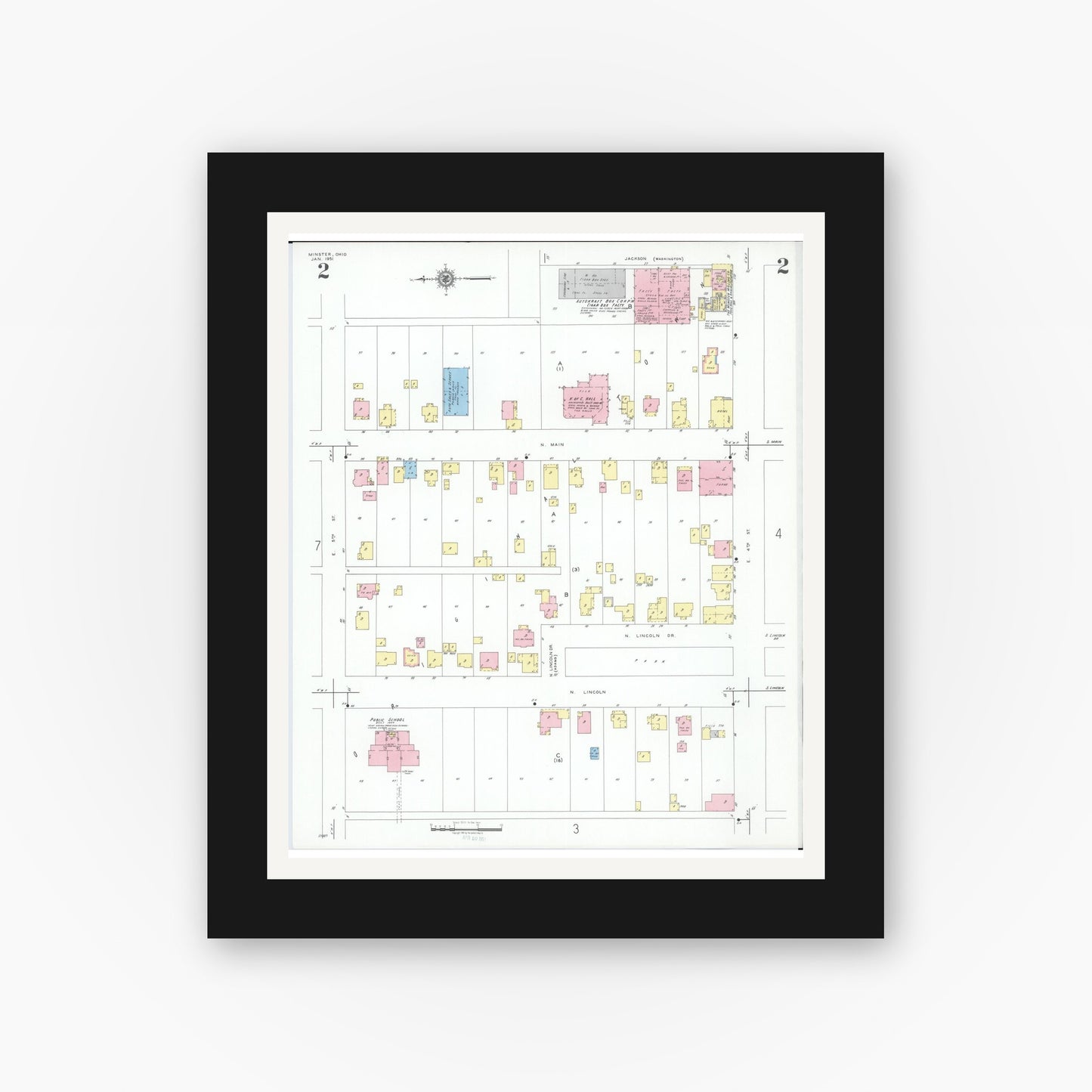 Old map wall art mockup — black gallery frame with white mat — Sanborn Fire Insurance Map from Minster, Auglaize County, Ohio (1951), Sheet #0002