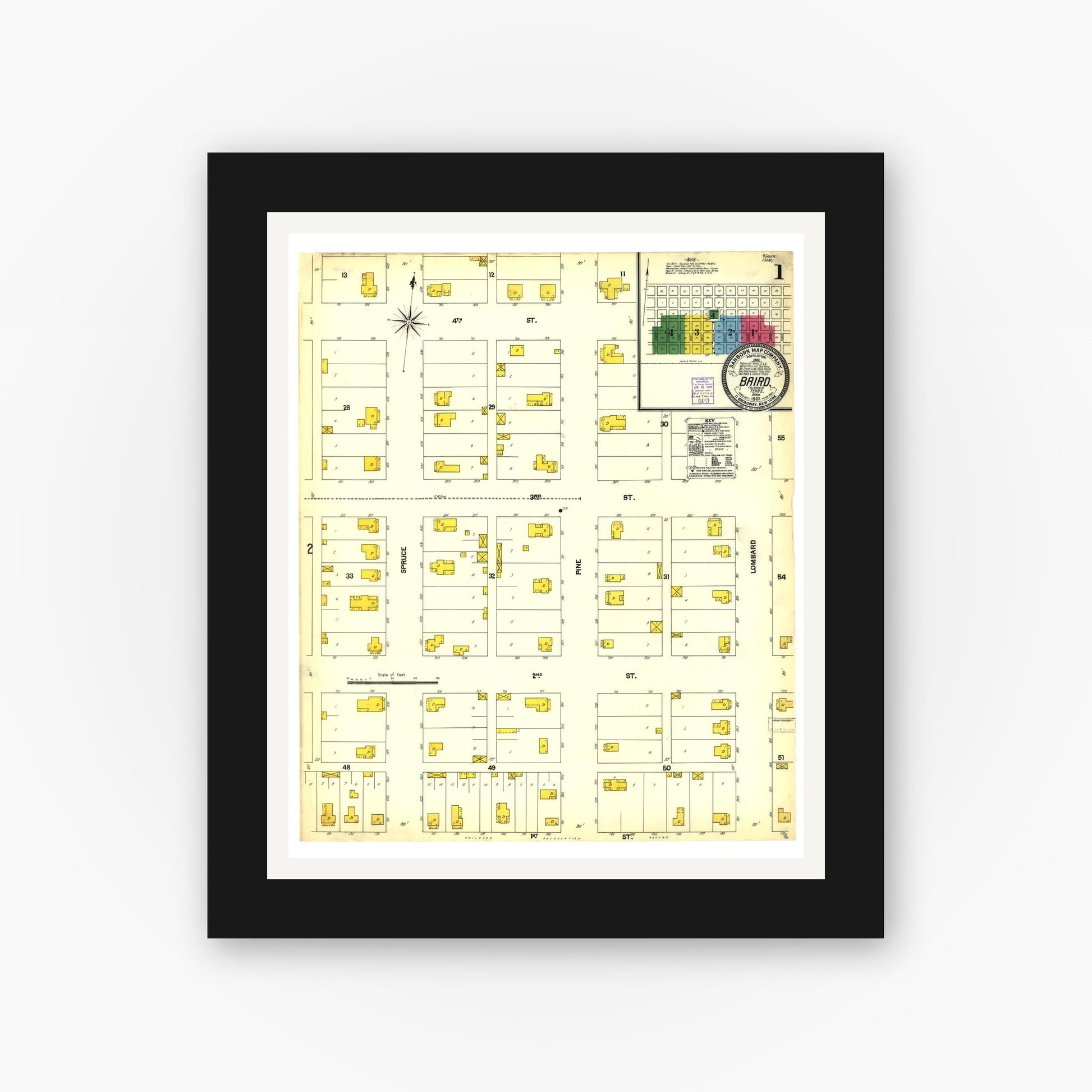 Old map wall art mockup — black gallery frame with white mat — Sanborn Fire Insurance Map from Baird, Callahan County, Texas (1902), Sheet #0001