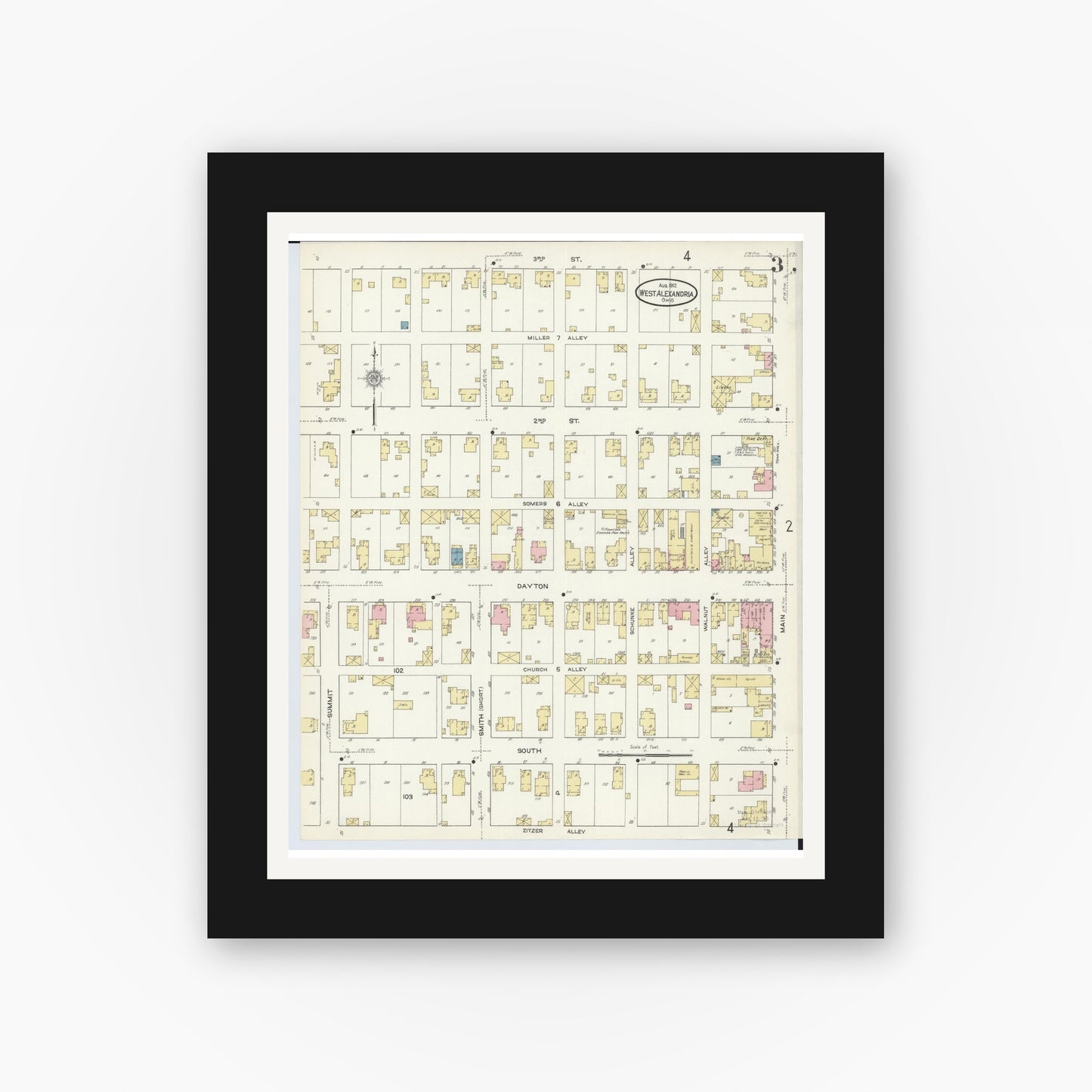 Old map wall art mockup — black gallery frame with white mat — Sanborn Fire Insurance Map from West Alexandria, Preble County, Ohio (1912), Sheet #0003