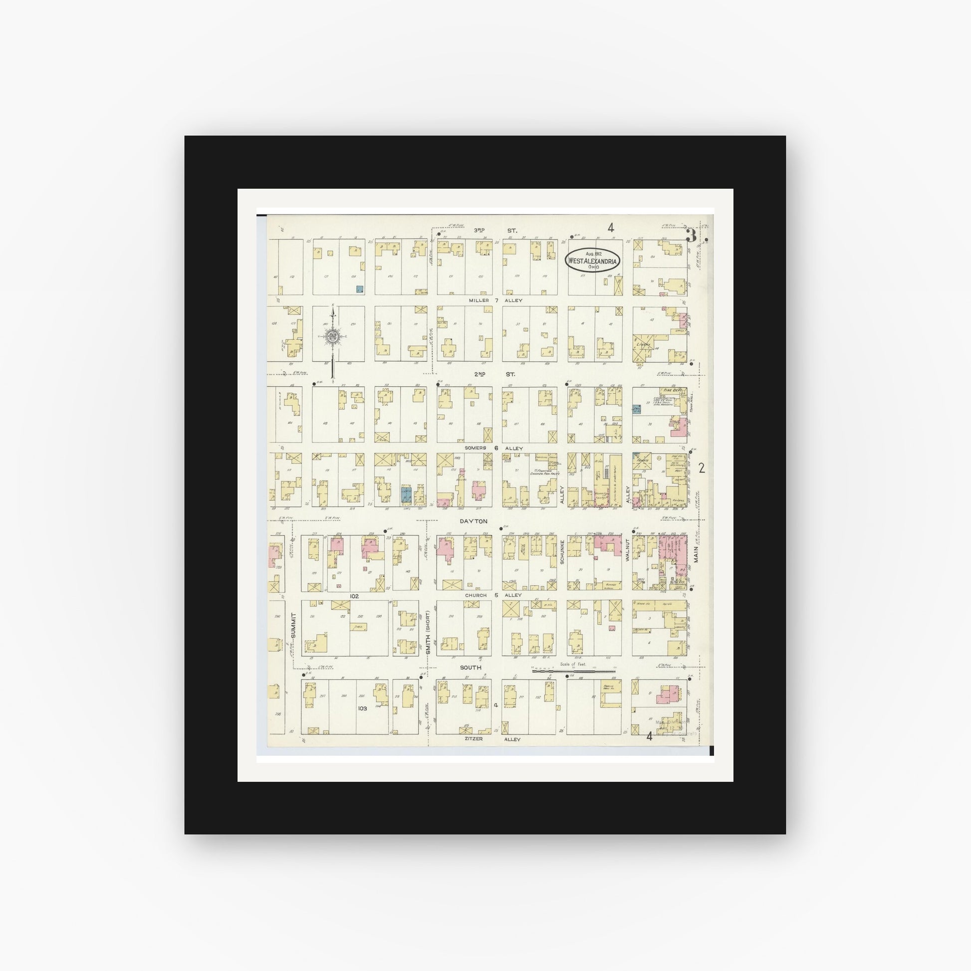 Old map wall art mockup — black gallery frame with white mat — Sanborn Fire Insurance Map from West Alexandria, Preble County, Ohio (1912), Sheet #0003