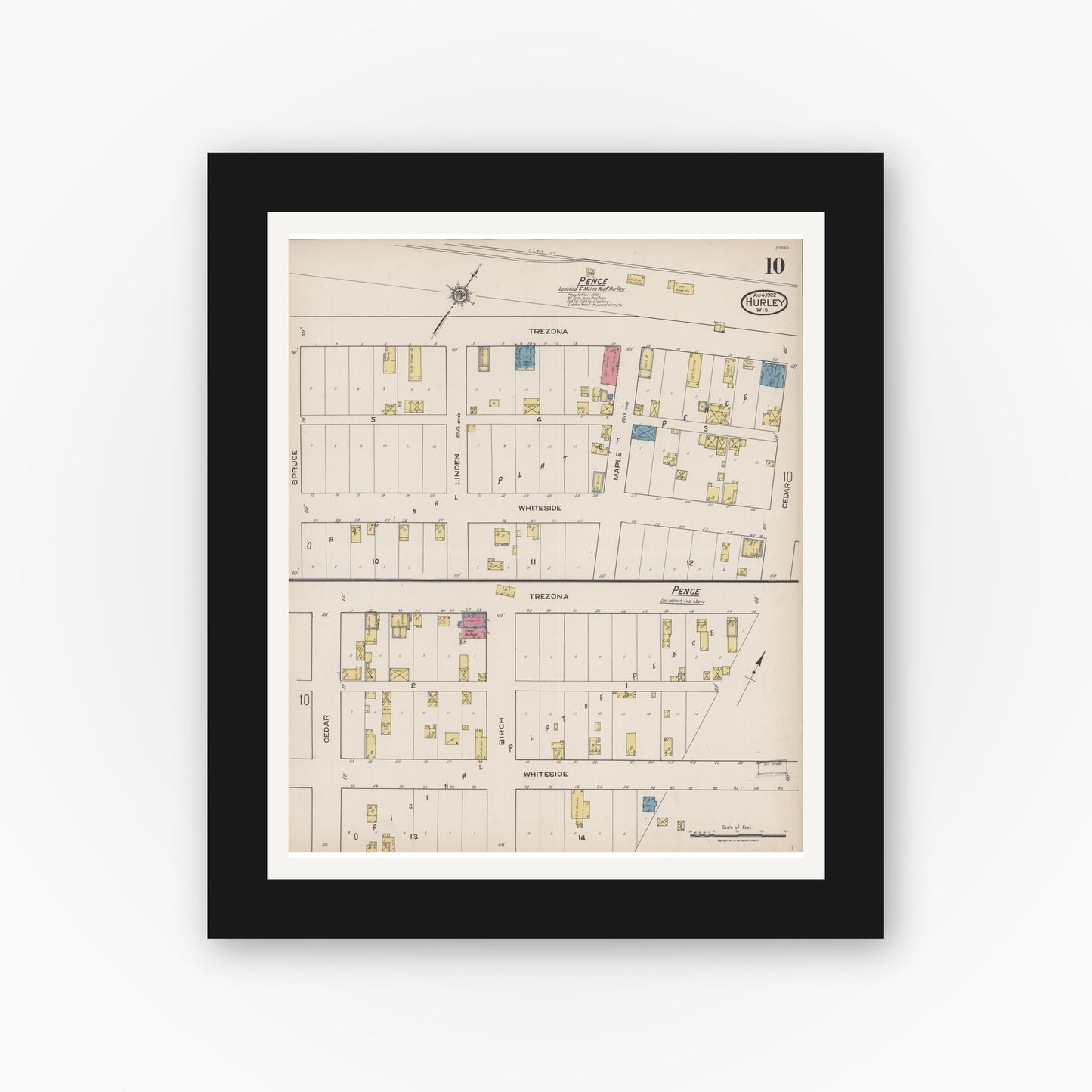 Old map wall art mockup — black gallery frame with white mat — Sanborn Fire Insurance Map from Hurley, Iron County, Wisconsin (1922), Sheet #0010