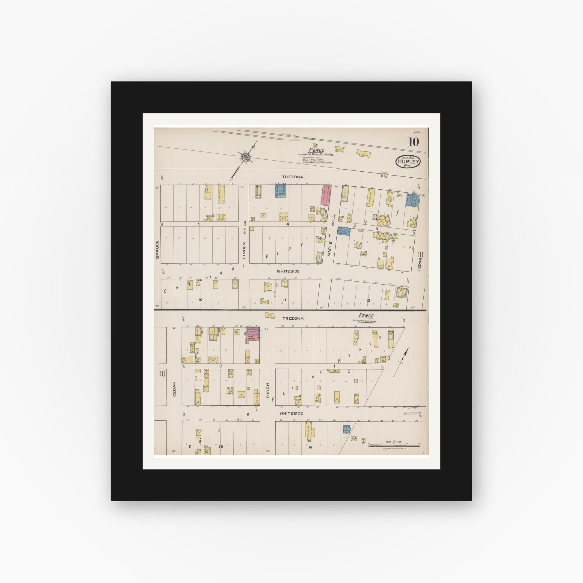 Old map wall art mockup — black gallery frame with white mat — Sanborn Fire Insurance Map from Hurley, Iron County, Wisconsin (1922), Sheet #0010