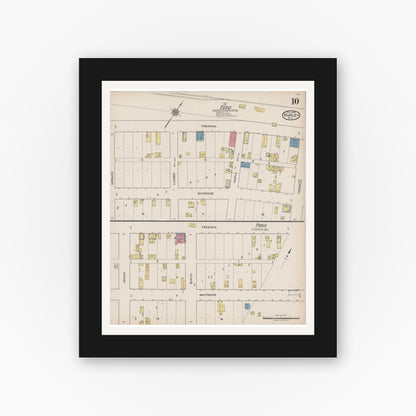 Old map wall art mockup — black gallery frame with white mat — Sanborn Fire Insurance Map from Hurley, Iron County, Wisconsin (1922), Sheet #0010