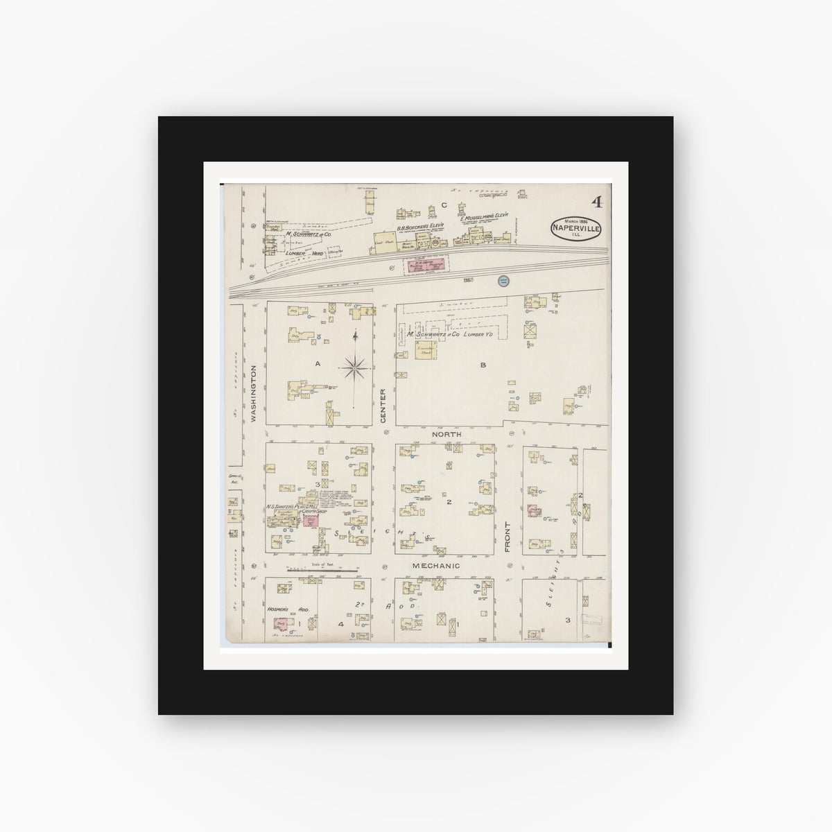 Old map wall art mockup — black gallery frame with white mat — Sanborn Fire Insurance Map from Naperville, Du Page County, Illinois (1886), Sheet #0004