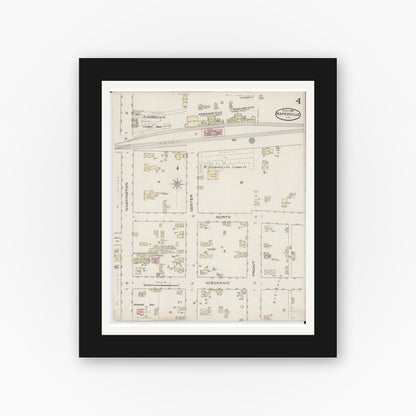 Old map wall art mockup — black gallery frame with white mat — Sanborn Fire Insurance Map from Naperville, Du Page County, Illinois (1886), Sheet #0004