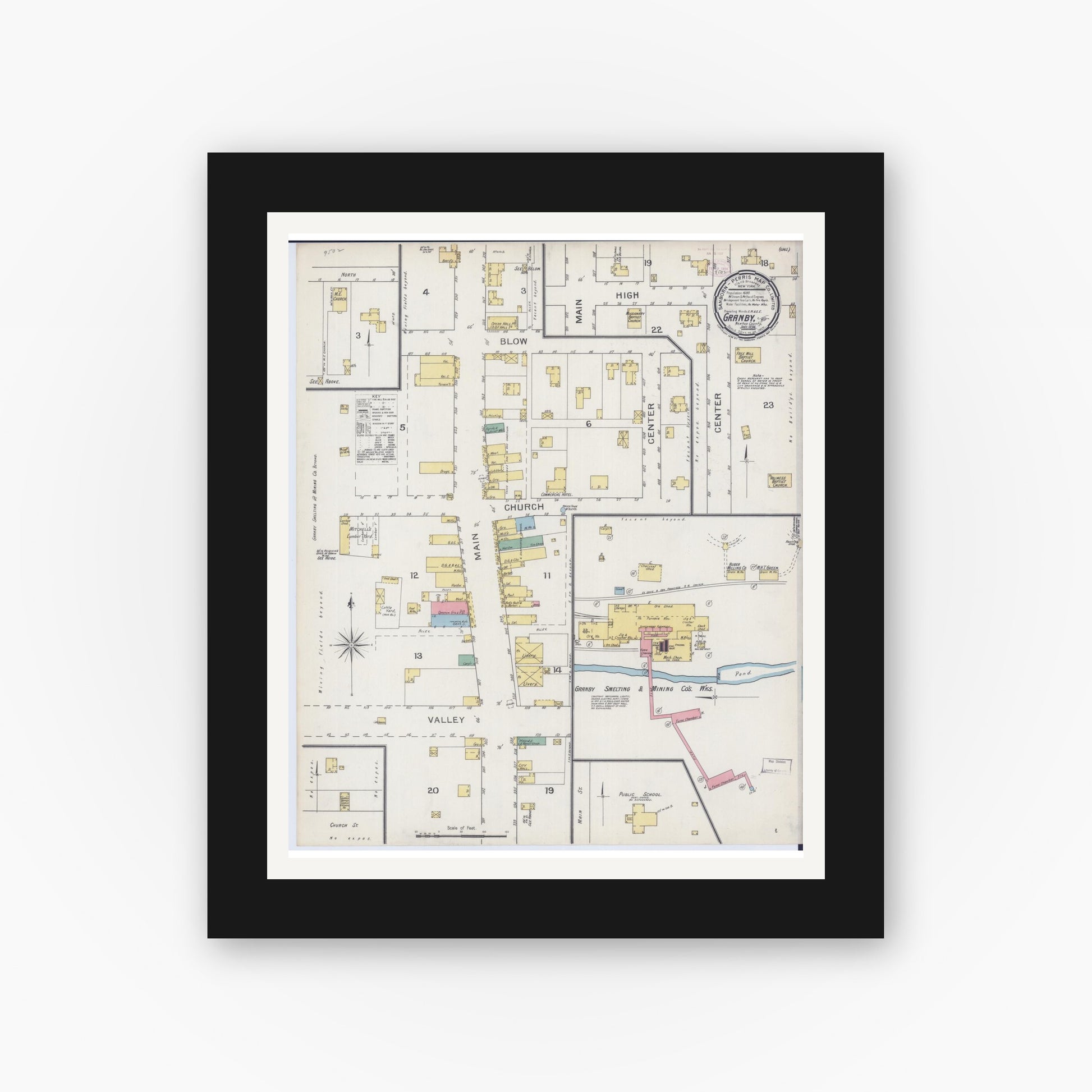 Old map wall art mockup — black gallery frame with white mat — Sanborn Fire Insurance Map from Granby, Newton County, Missouri (1894), Sheet #0001