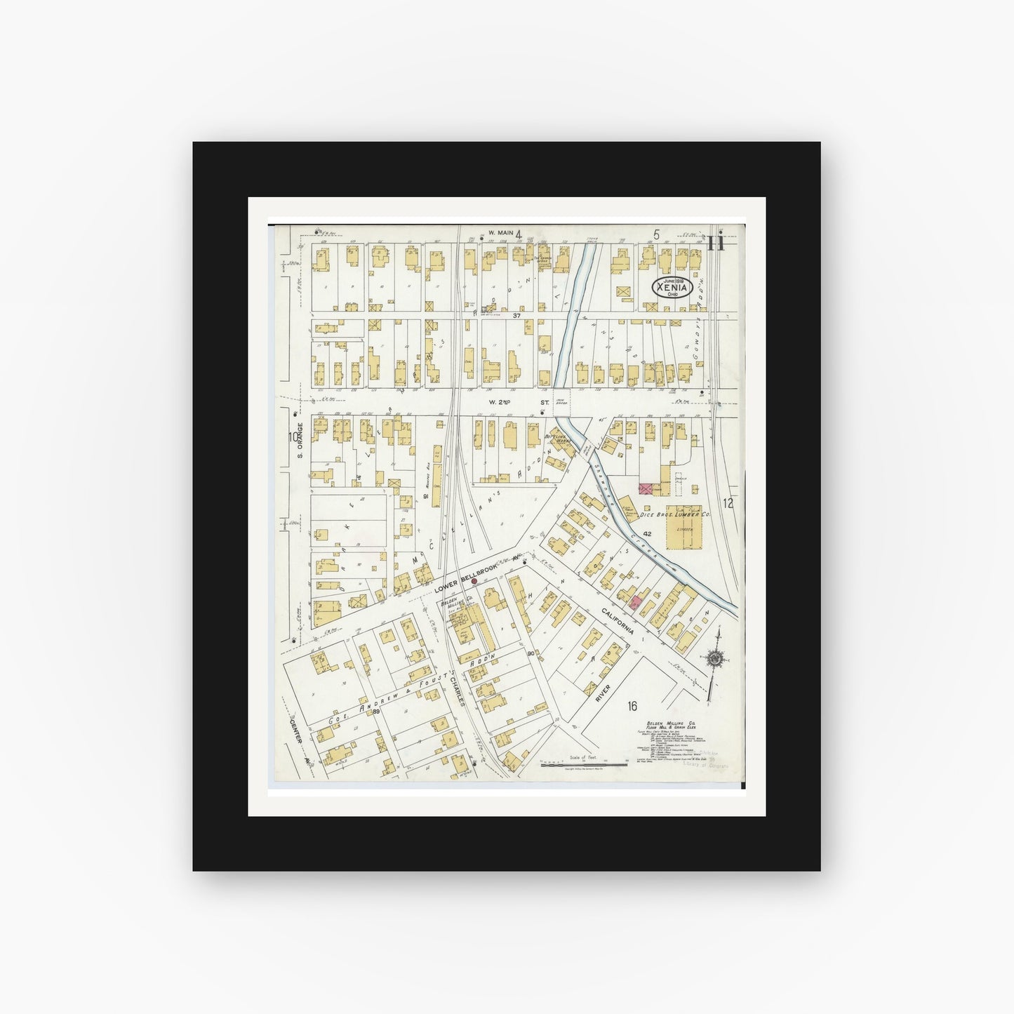 Old map wall art mockup — black gallery frame with white mat — Sanborn Fire Insurance Map from Xenia, Greene County, Ohio (1919), Sheet #0011