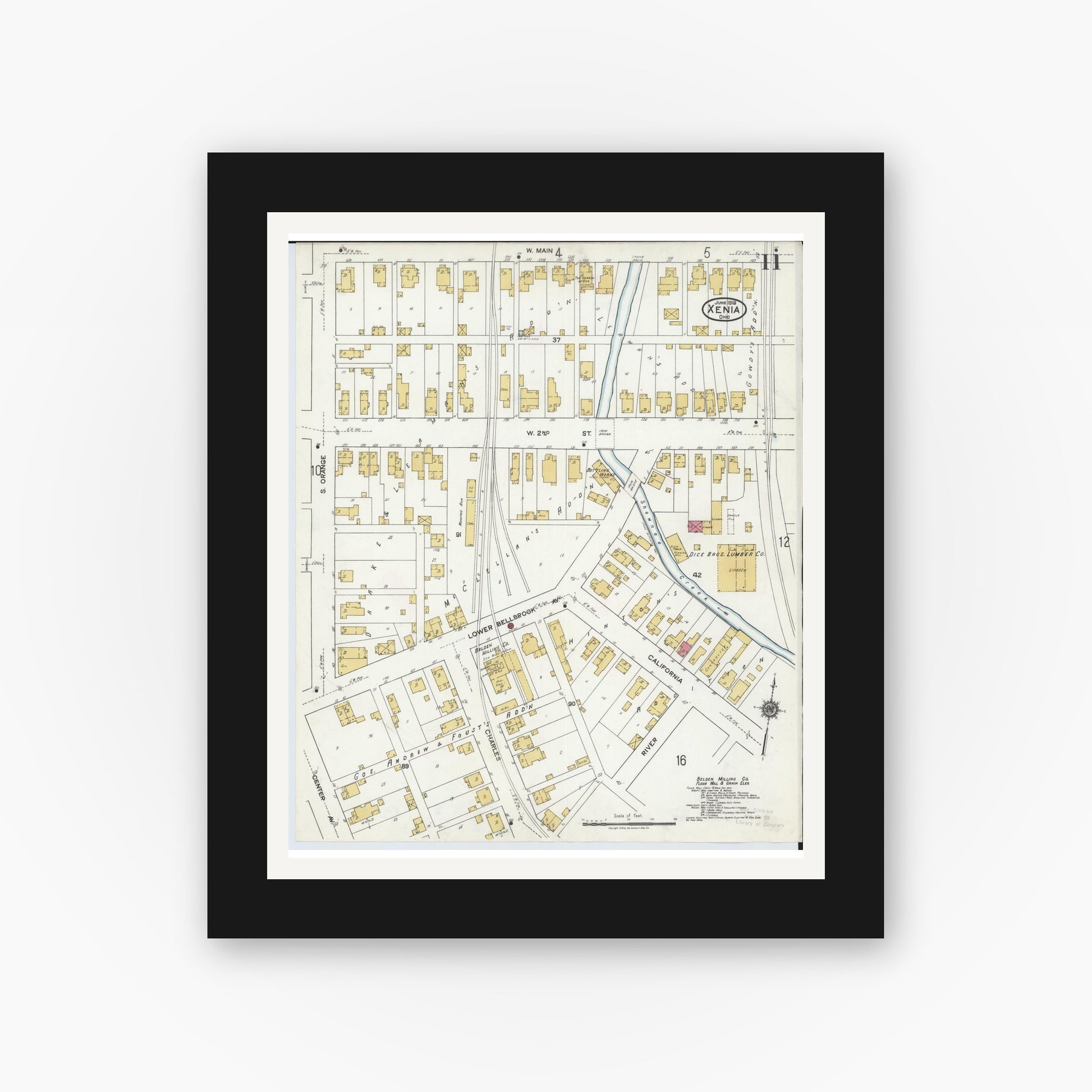 Old map wall art mockup — black gallery frame with white mat — Sanborn Fire Insurance Map from Xenia, Greene County, Ohio (1919), Sheet #0011