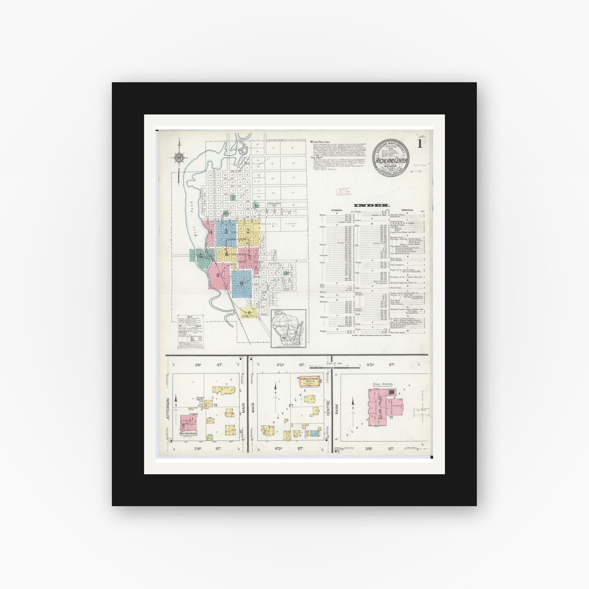 Old map wall art mockup — black gallery frame with white mat — Sanborn Fire Insurance Map from Richland Center, Richland County, Wisconsin (1912) - Complete Map Set
