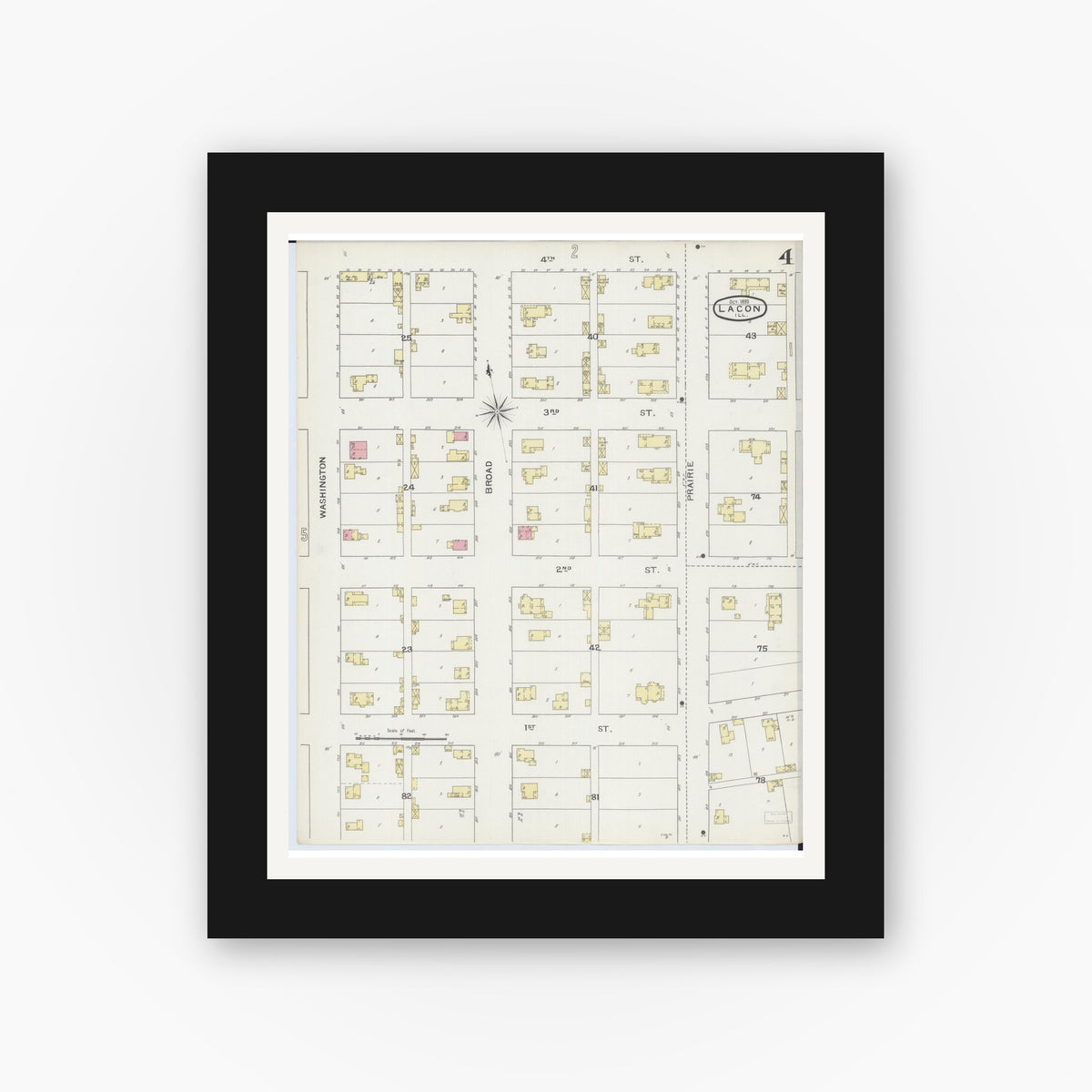 Old map wall art mockup — black gallery frame with white mat — Sanborn Fire Insurance Map from Lacon, Marshall County, Illinois (1893), Sheet #0004
