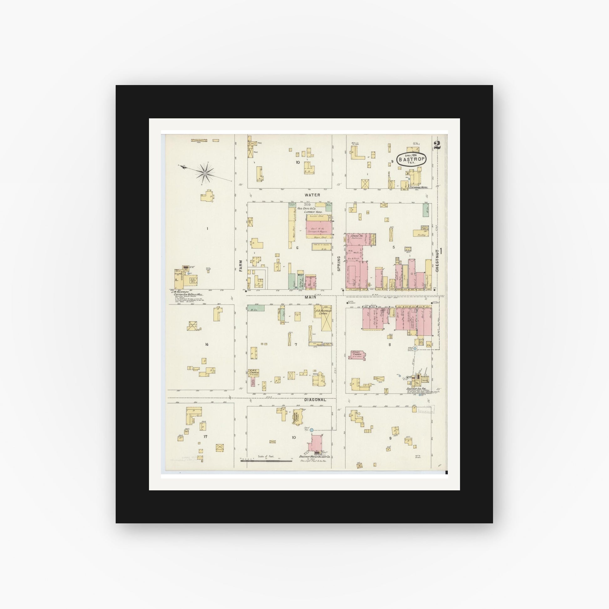 Old map wall art mockup — black gallery frame with white mat — Sanborn Fire Insurance Map from Bastrop, Bastrop County, Texas (1896), Sheet #0002