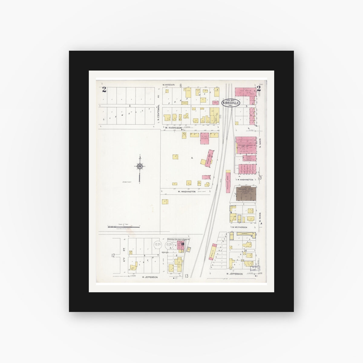 Old map wall art mockup — black gallery frame with white mat — Sanborn Fire Insurance Map from Kirksville, Adair County, Missouri (1925), Sheet #0002