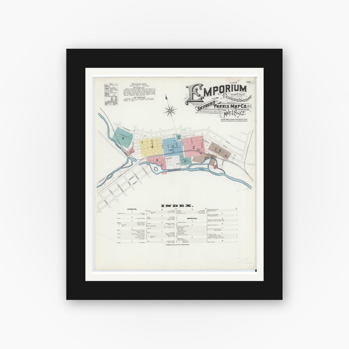 Old map wall art mockup — black gallery frame with white mat — Sanborn Fire Insurance Map from Emporium, Cameron County, Pennsylvania (1892) - Complete Map Set