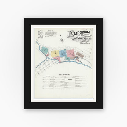 Old map wall art mockup — black gallery frame with white mat — Sanborn Fire Insurance Map from Emporium, Cameron County, Pennsylvania (1892) - Complete Map Set