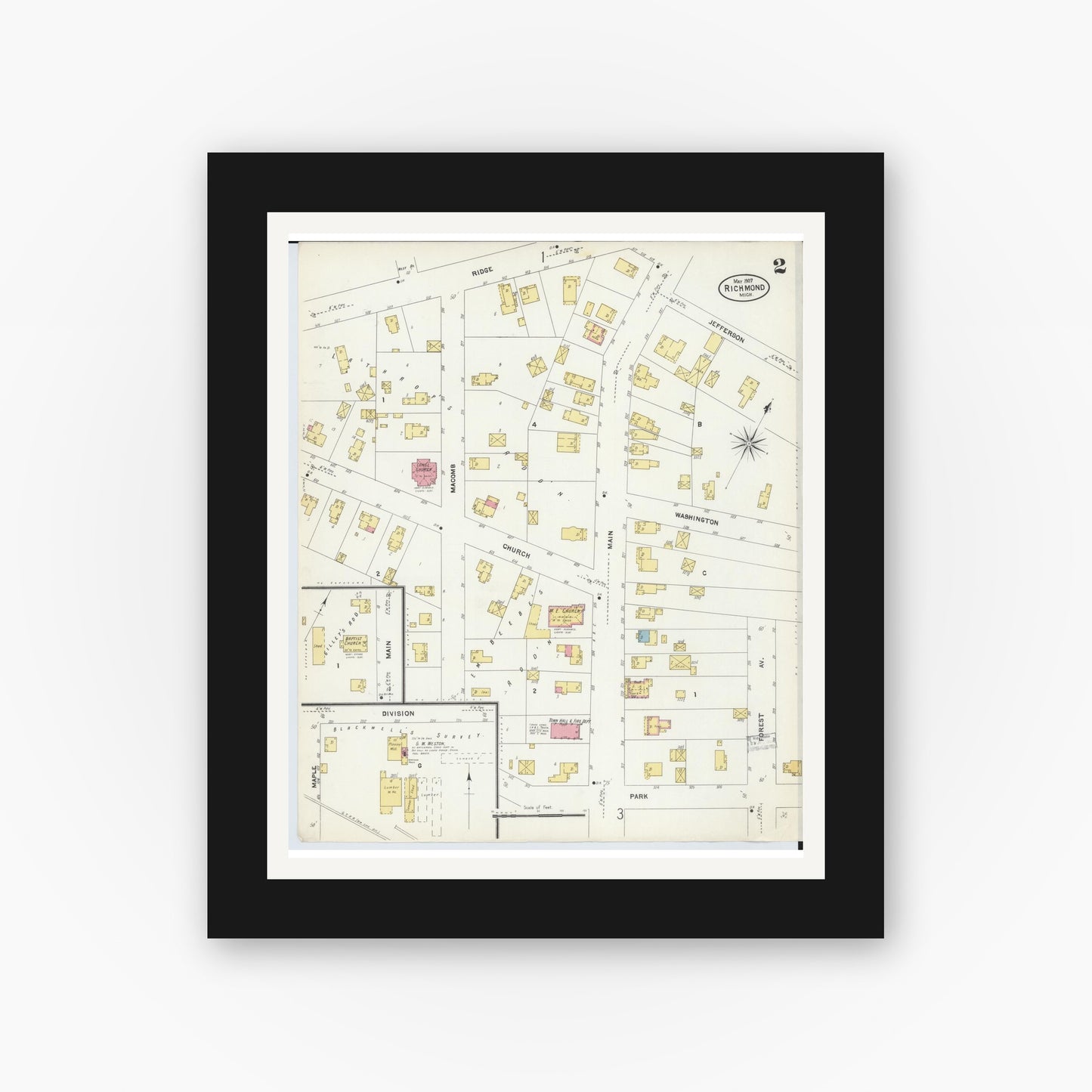 Old map wall art mockup — black gallery frame with white mat — Sanborn Fire Insurance Map from Richmond, Macomb County, Michigan (1907), Sheet #0002