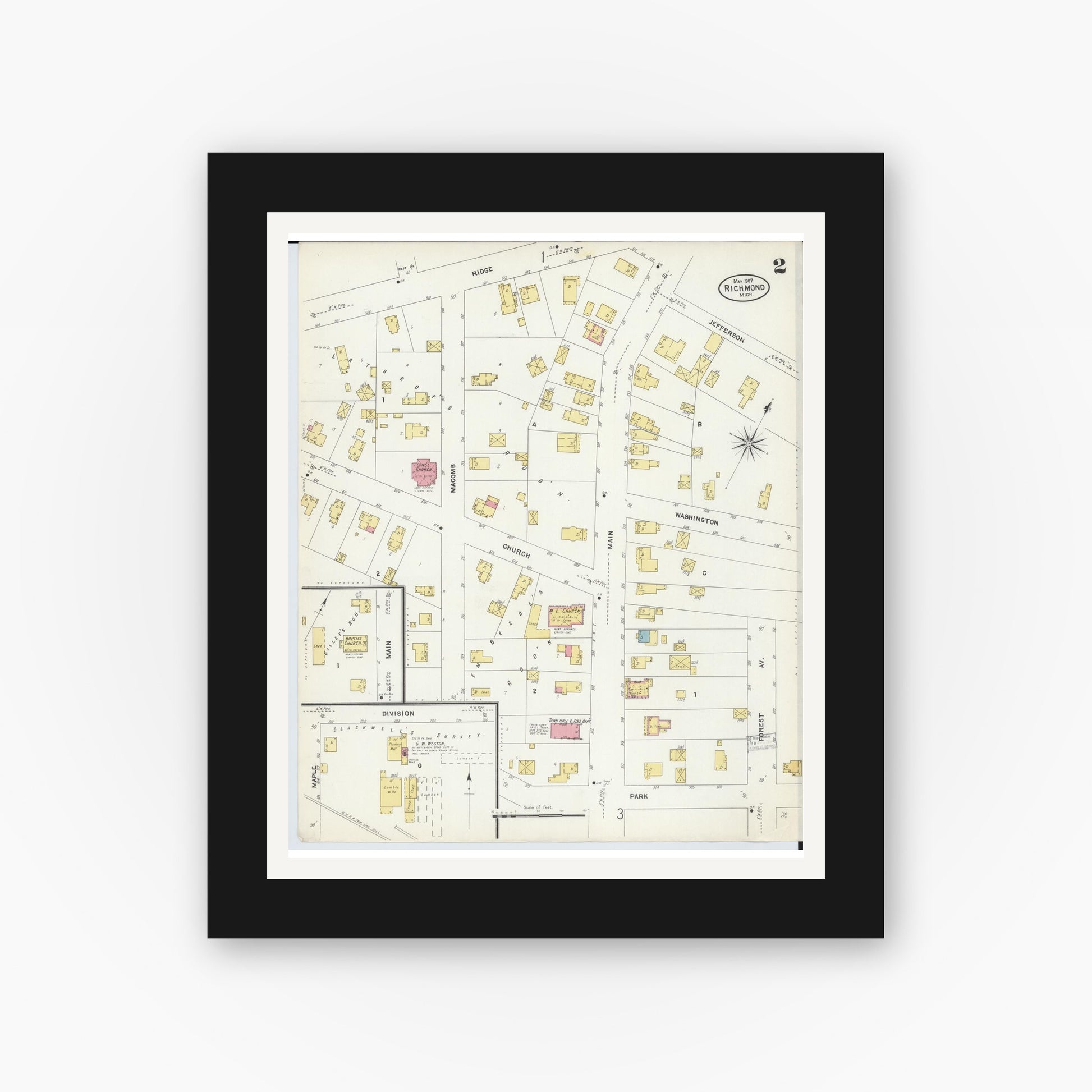 Old map wall art mockup — black gallery frame with white mat — Sanborn Fire Insurance Map from Richmond, Macomb County, Michigan (1907), Sheet #0002