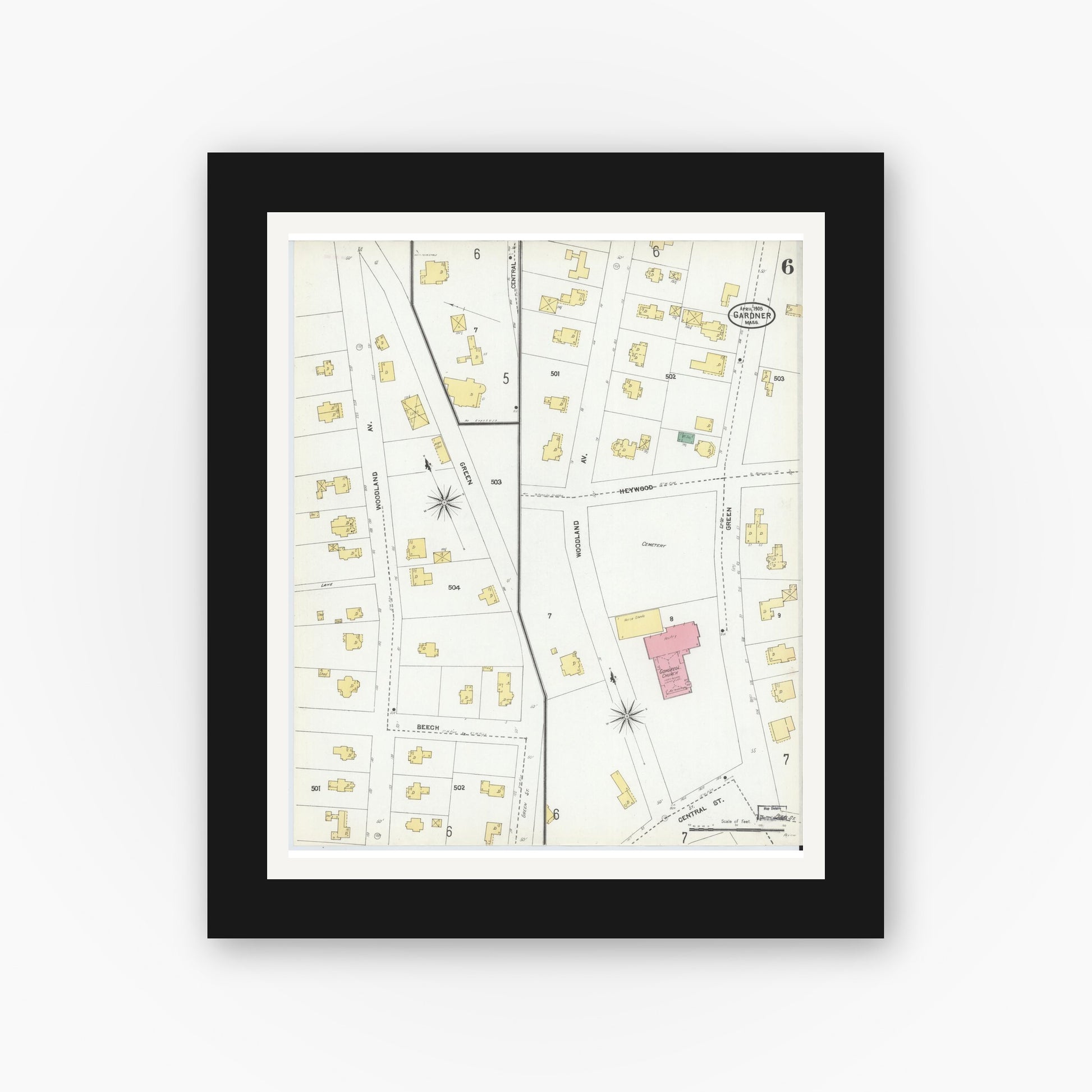 Old map wall art mockup — black gallery frame with white mat — Sanborn Fire Insurance Map from Gardner, Worcester County, Massachusetts (1905), Sheet #0006