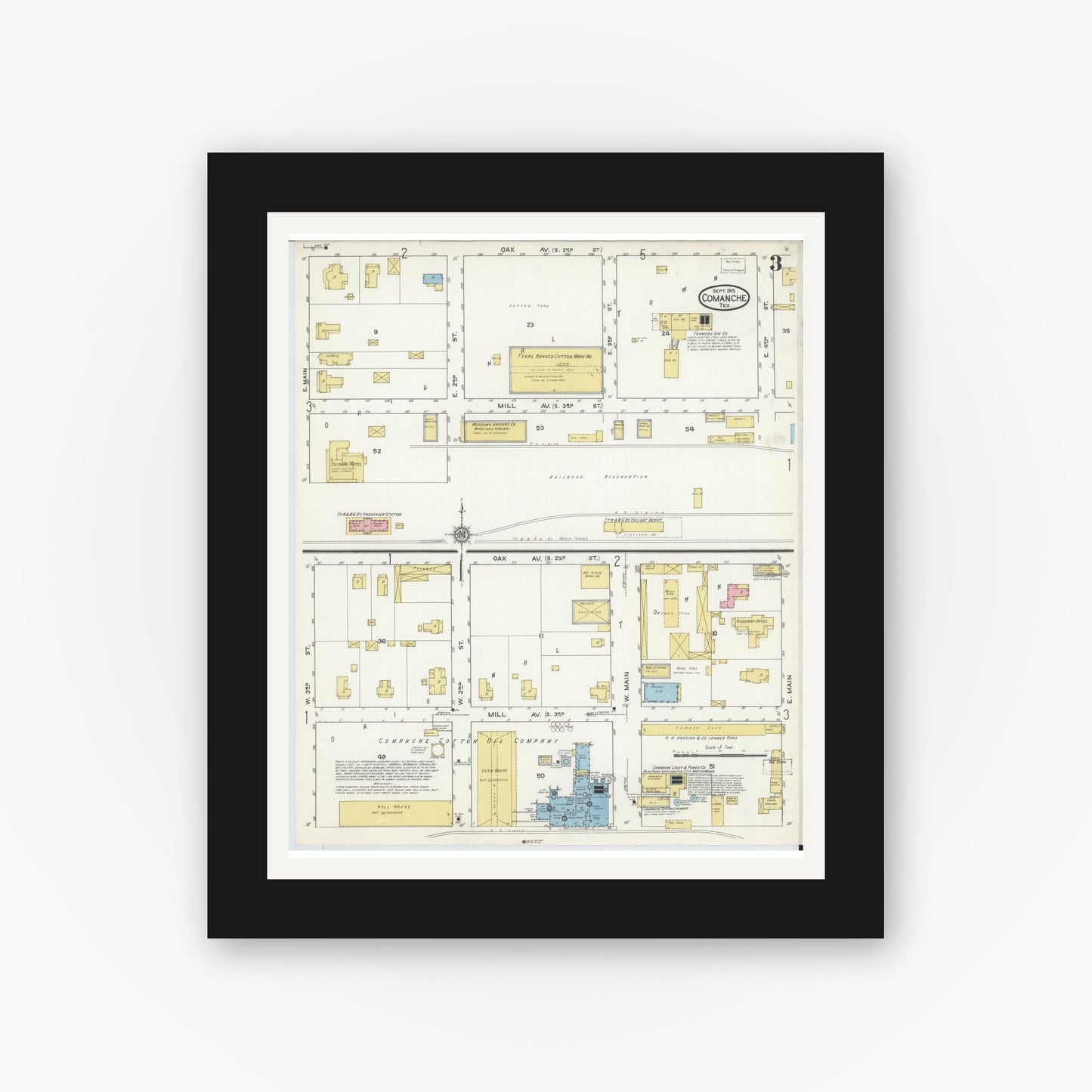 Old map wall art mockup — black gallery frame with white mat — Sanborn Fire Insurance Map from Comanche, Comanche County, Texas (1915), Sheet #0003