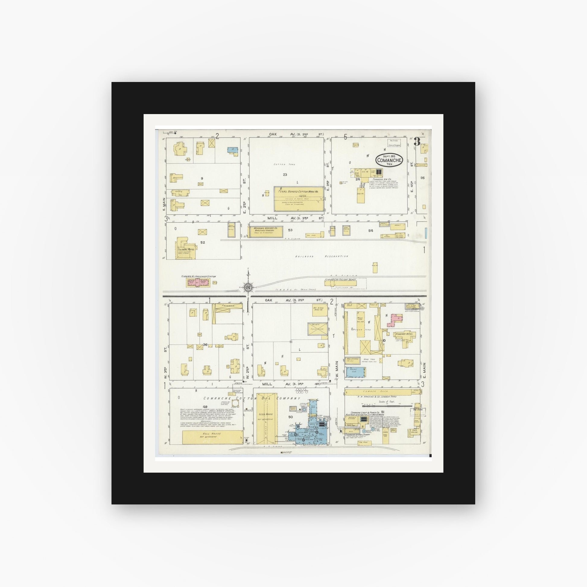 Old map wall art mockup — black gallery frame with white mat — Sanborn Fire Insurance Map from Comanche, Comanche County, Texas (1915), Sheet #0003