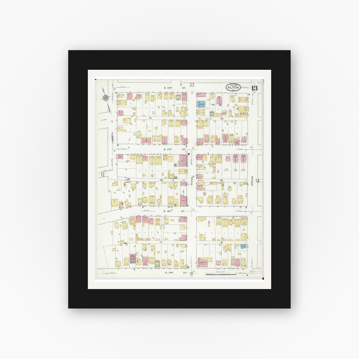 Old map wall art mockup — black gallery frame with white mat — Sanborn Fire Insurance Map from Alton, Madison County, Illinois (1915), Sheet #0013