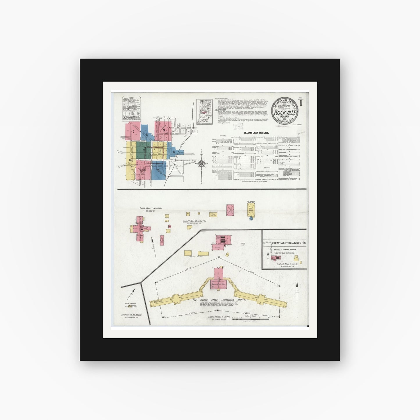 Old map wall art mockup — black gallery frame with white mat — Sanborn Fire Insurance Map from Rockville, Parke County, Indiana (1921), Sheet #0001