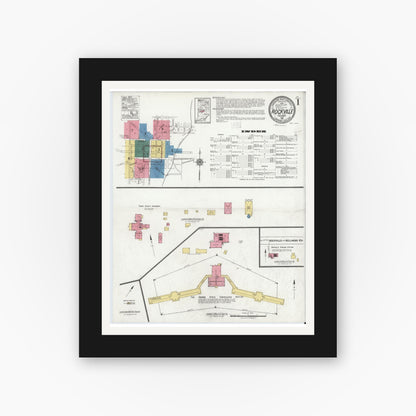 Old map wall art mockup — black gallery frame with white mat — Sanborn Fire Insurance Map from Rockville, Parke County, Indiana (1921), Sheet #0001