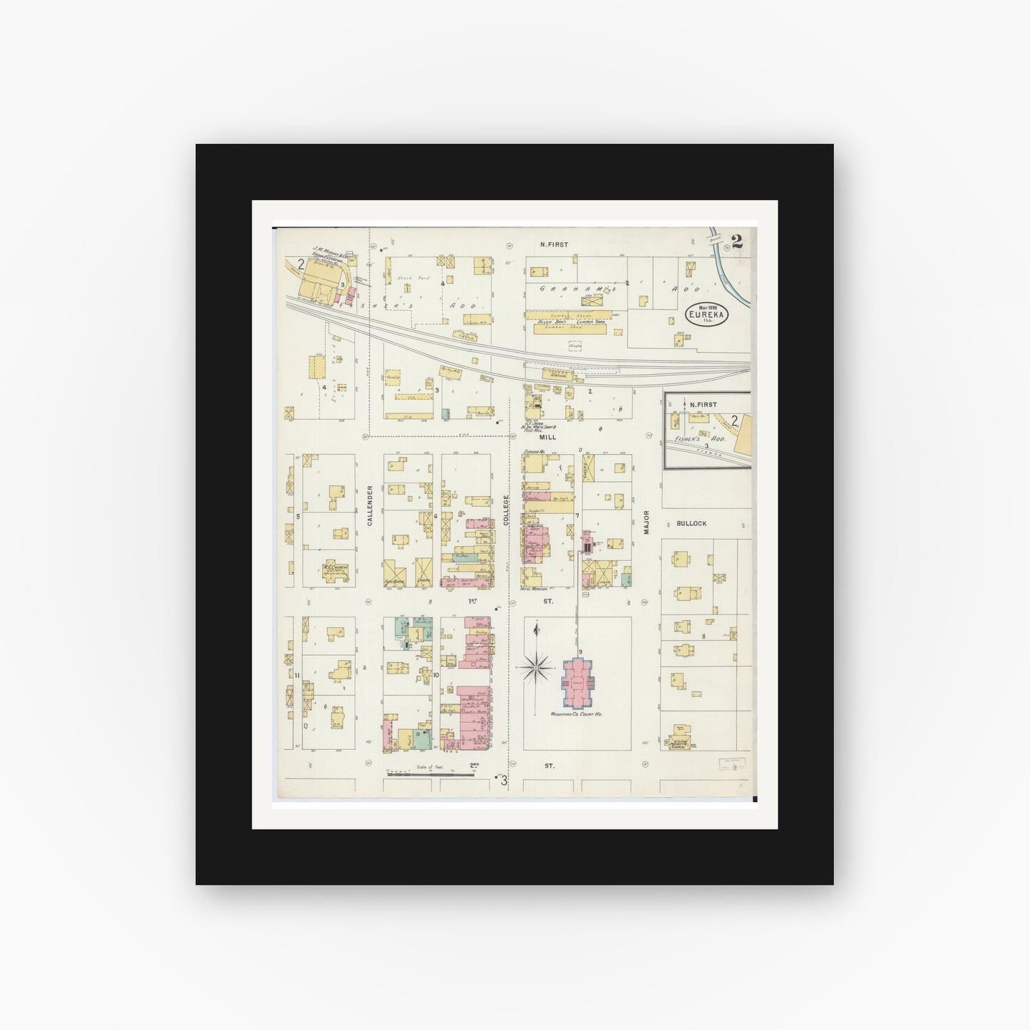 Old map wall art mockup — black gallery frame with white mat — Sanborn Fire Insurance Map from Eureka, Woodford County, Illinois (1898), Sheet #0002
