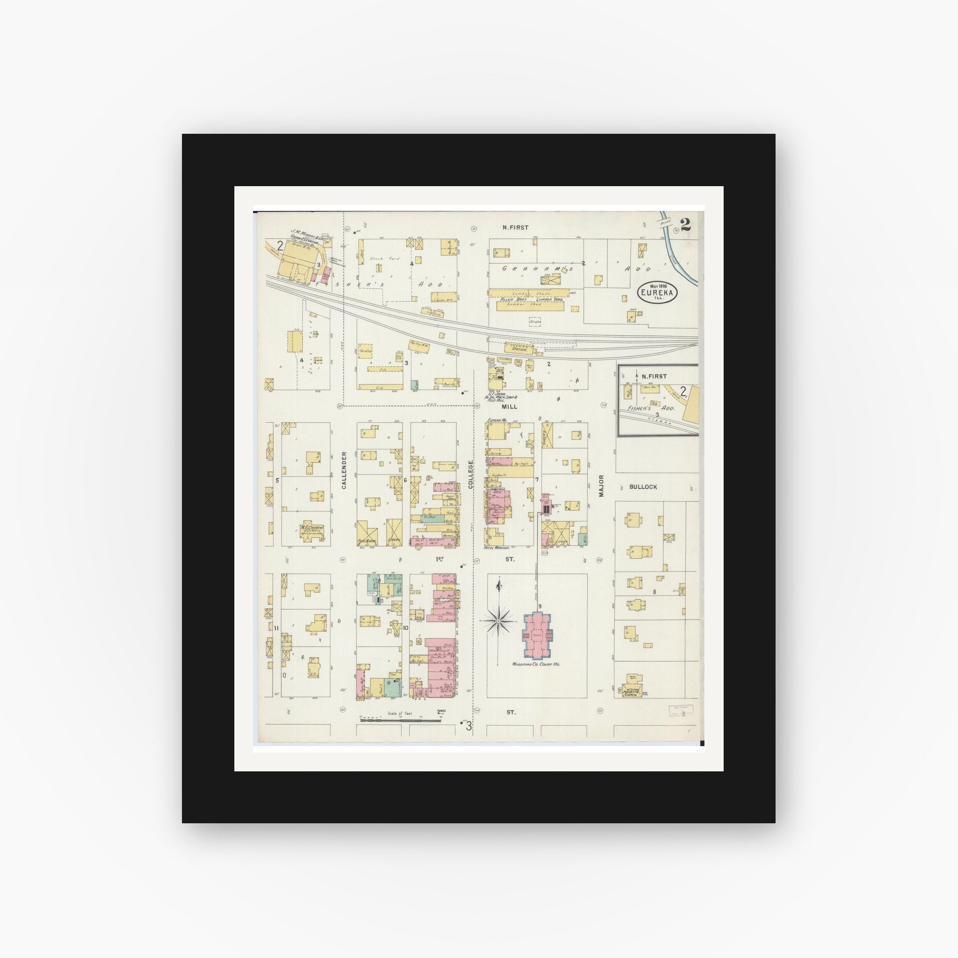 Old map wall art mockup — black gallery frame with white mat — Sanborn Fire Insurance Map from Eureka, Woodford County, Illinois (1898), Sheet #0002
