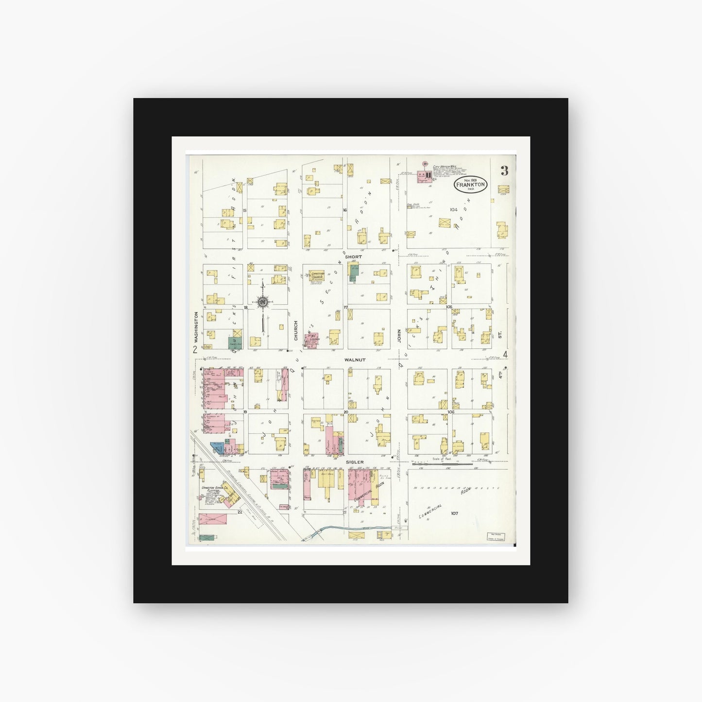 Old map wall art mockup — black gallery frame with white mat — Sanborn Fire Insurance Map from Frankton, Madison County, Indiana (1909), Sheet #0003