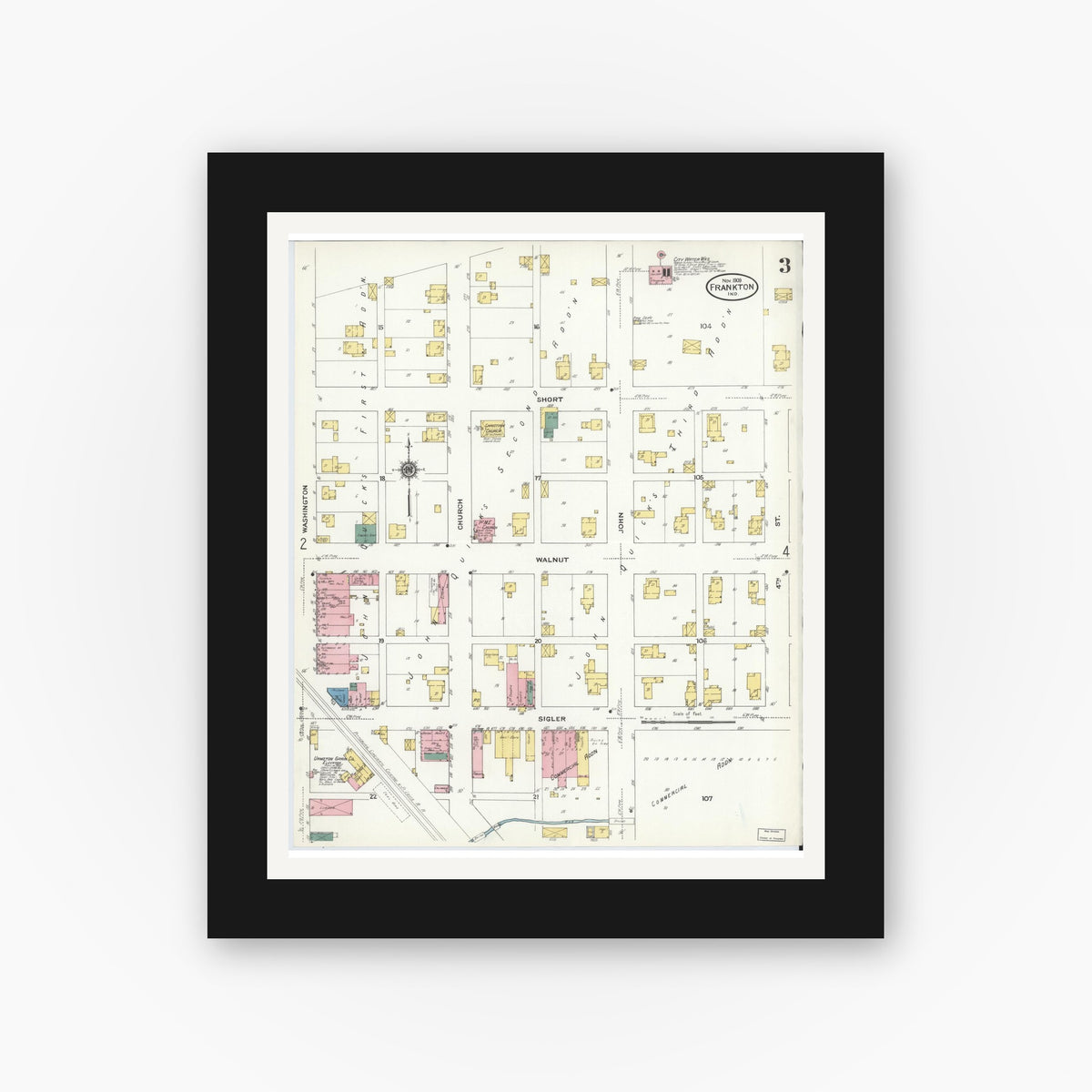 Old map wall art mockup — black gallery frame with white mat — Sanborn Fire Insurance Map from Frankton, Madison County, Indiana (1909), Sheet #0003