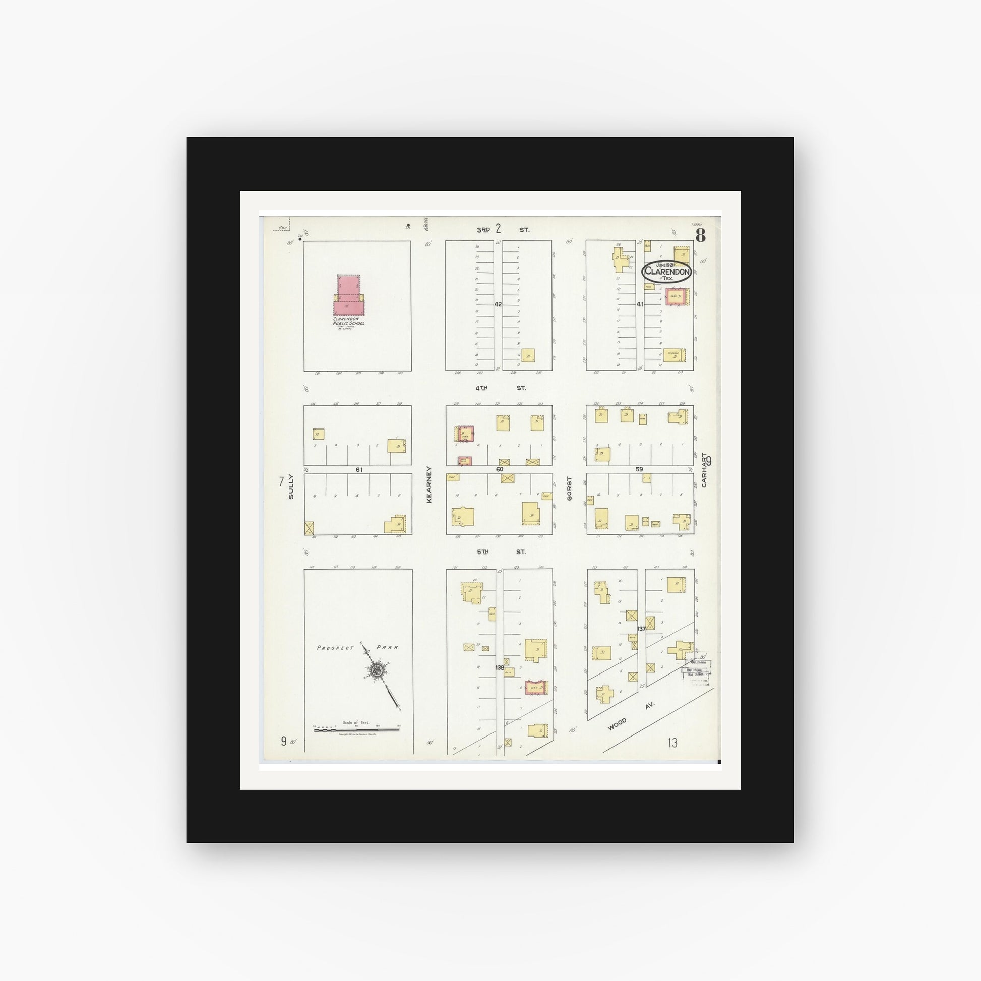 Old map wall art mockup — black gallery frame with white mat — Sanborn Fire Insurance Map from Clarendon, Donley County, Texas (1921), Sheet #0008