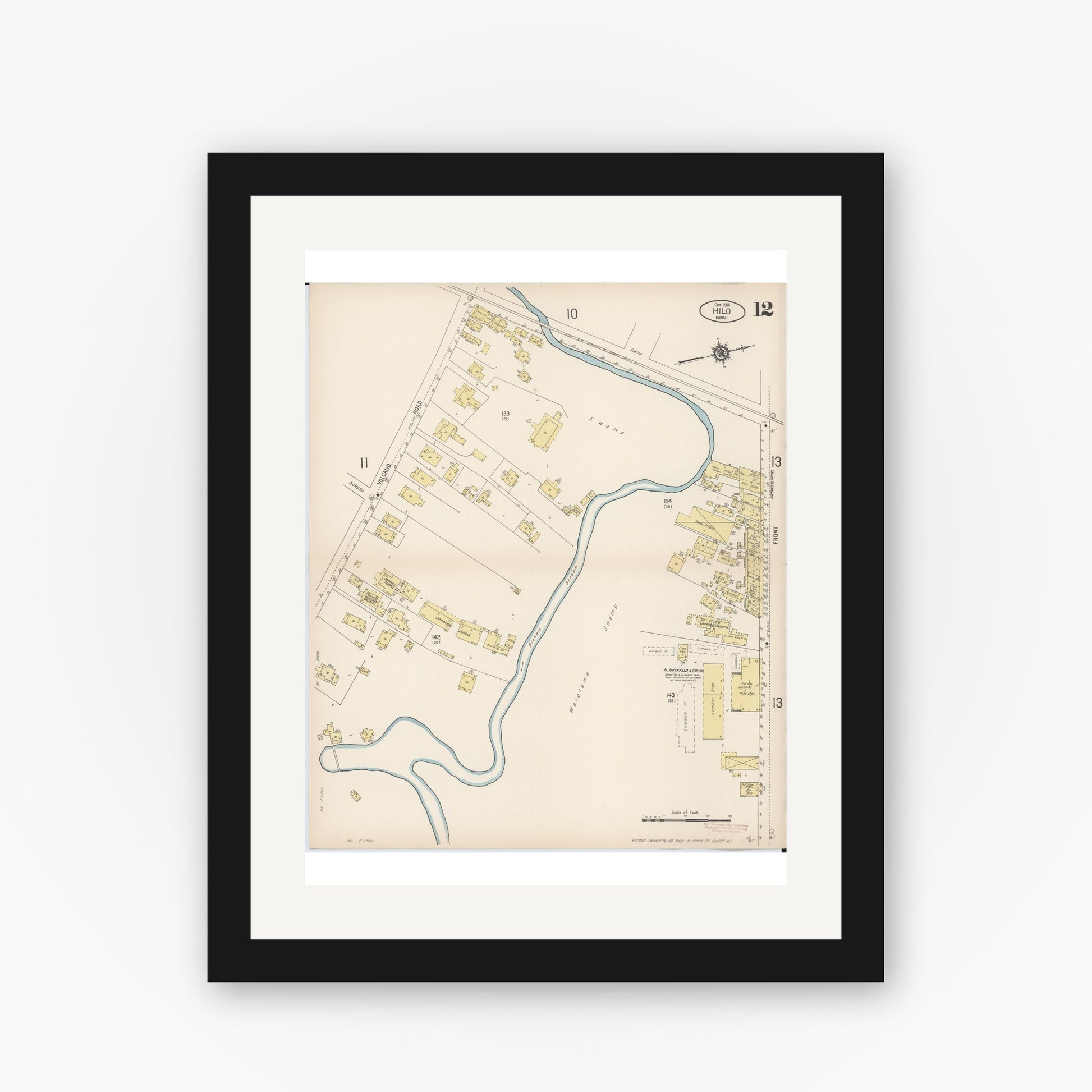 Old map wall art mockup — black gallery frame with white mat — Sanborn Fire Insurance Map from Hilo, Hawaii County, Hawaii (1914), Sheet #0012