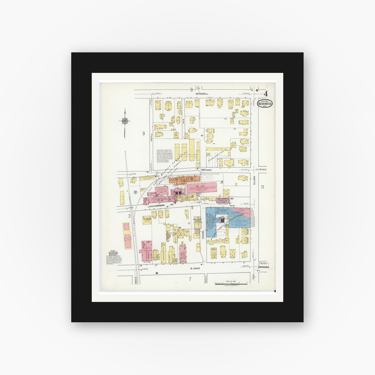 Old map wall art mockup — black gallery frame with white mat — Sanborn Fire Insurance Map from Norwich, Chenango County, New York (1917), Sheet #0004