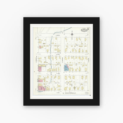 Old map wall art mockup — black gallery frame with white mat — Sanborn Fire Insurance Map from Portland, Jay County, Indiana (1910), Sheet #0005