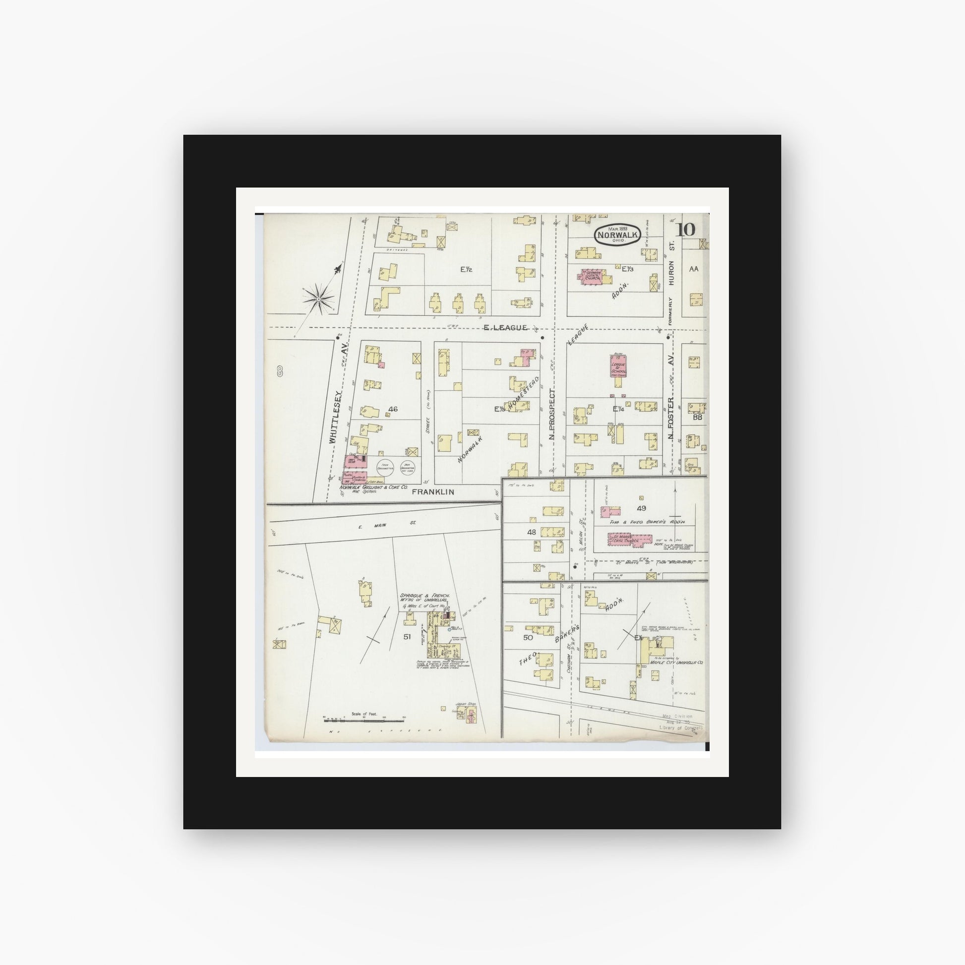 Old map wall art mockup — black gallery frame with white mat — Sanborn Fire Insurance Map from Norwalk, Huron County, Ohio (1893), Sheet #0010