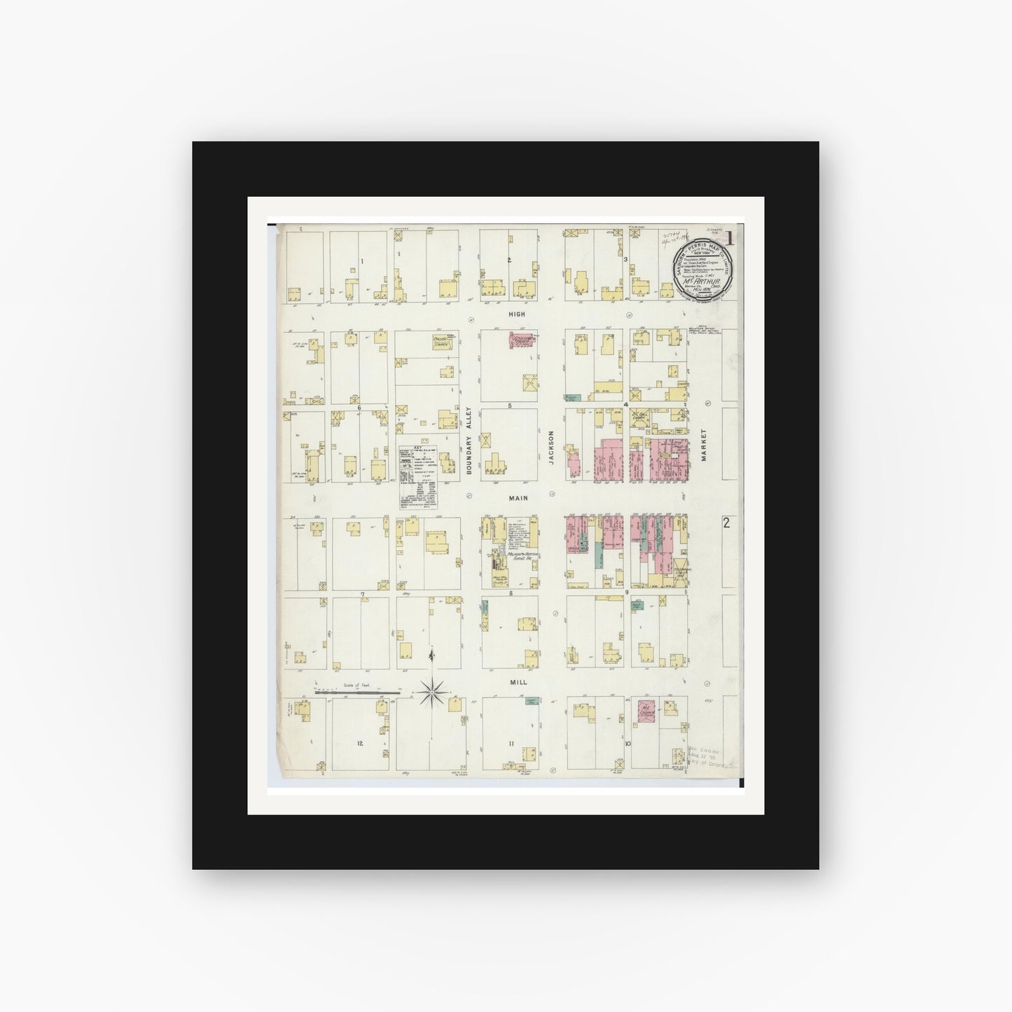 Old map wall art mockup — black gallery frame with white mat — Sanborn Fire Insurance Map from McArthur, Vinton County, Ohio (1896) - Complete Map Set