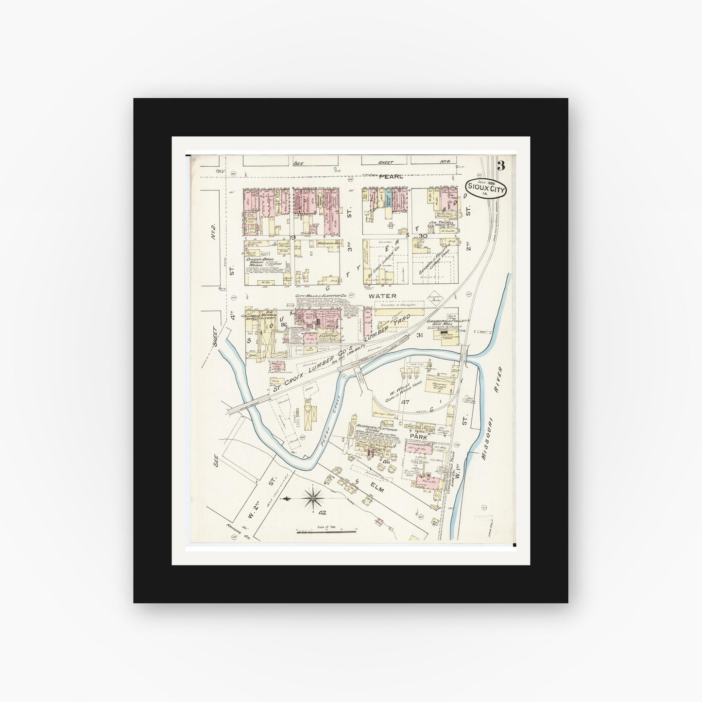 Old map wall art mockup — black gallery frame with white mat — Sanborn Fire Insurance Map from Sioux City, Woodbury County, Iowa (1886), Sheet #0003