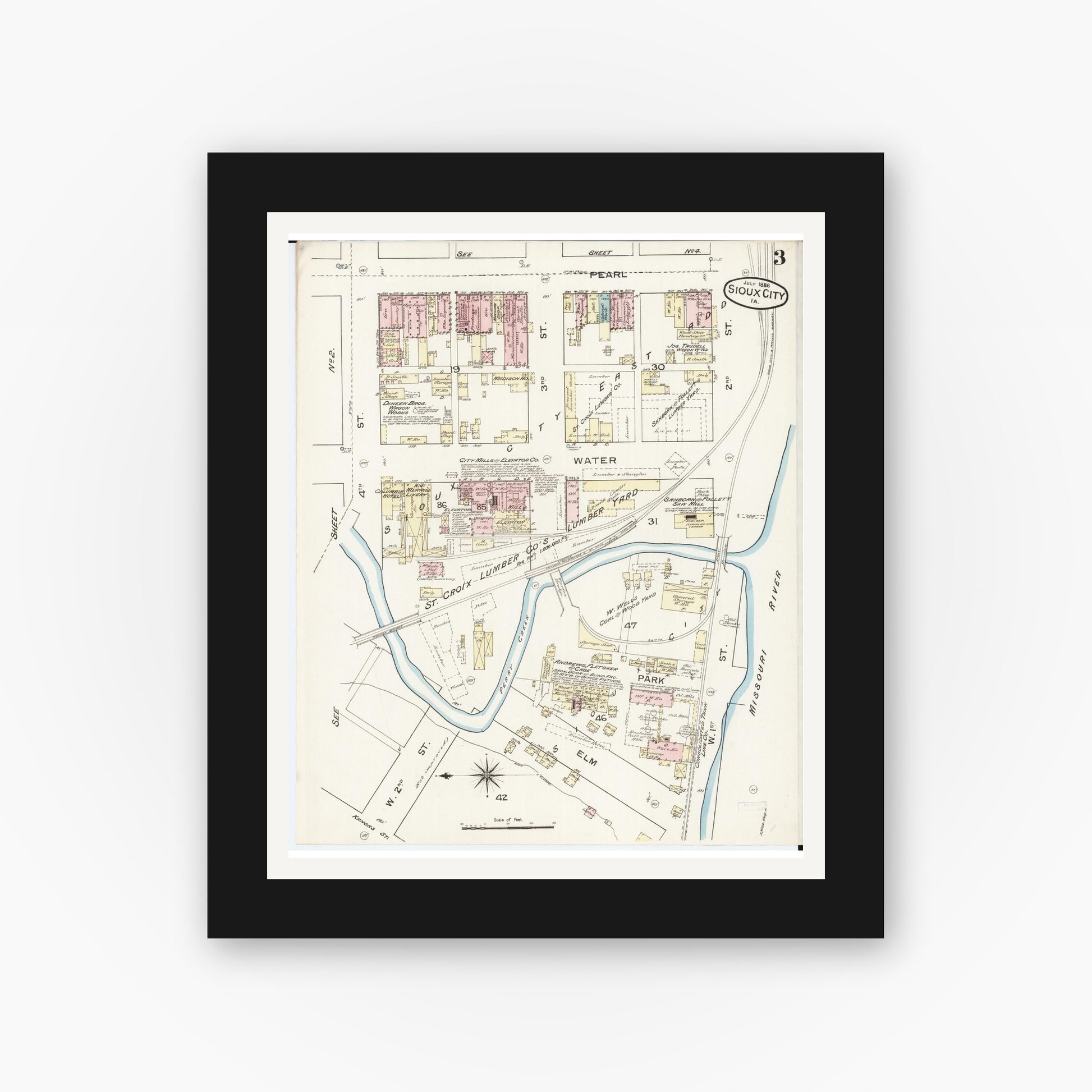 Old map wall art mockup — black gallery frame with white mat — Sanborn Fire Insurance Map from Sioux City, Woodbury County, Iowa (1886), Sheet #0003