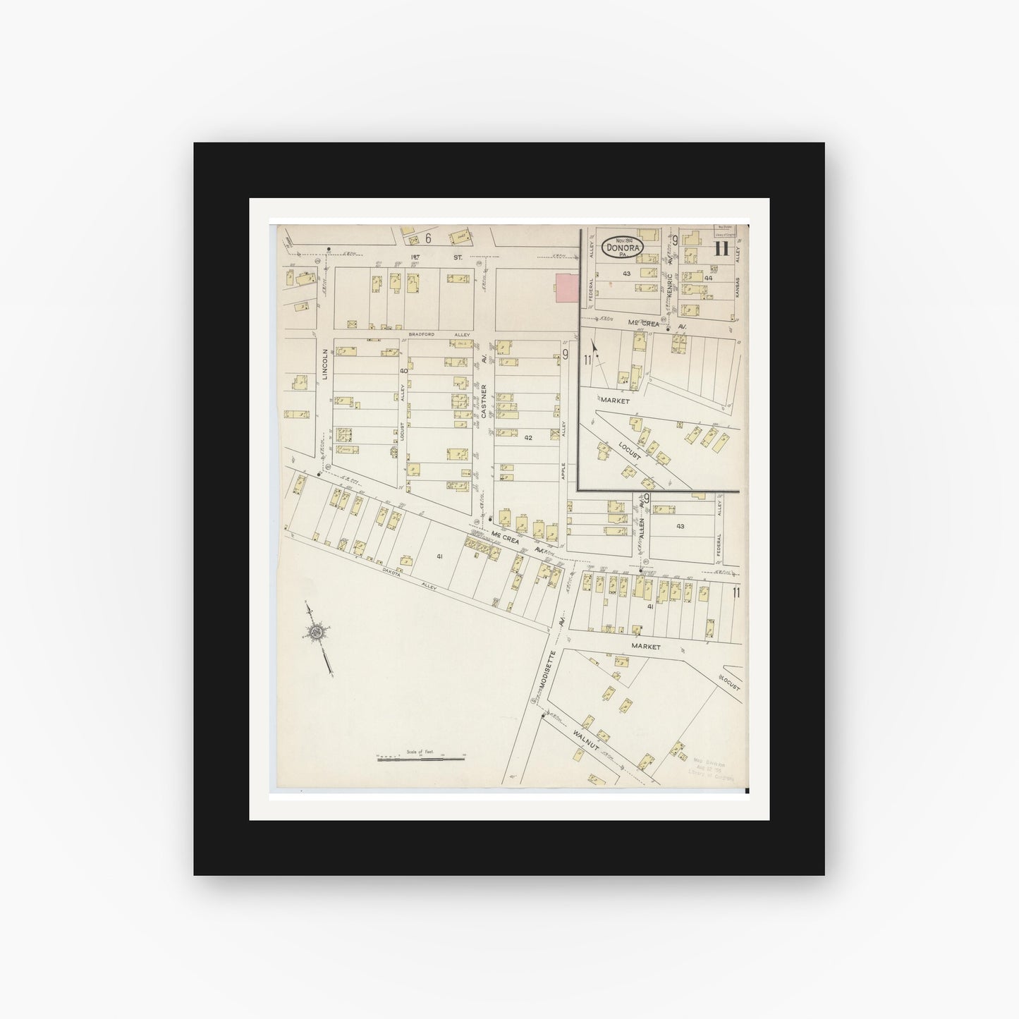 Old map wall art mockup — black gallery frame with white mat — Sanborn Fire Insurance Map from Donora, Washington County, Pennsylvania (1914), Sheet #0011
