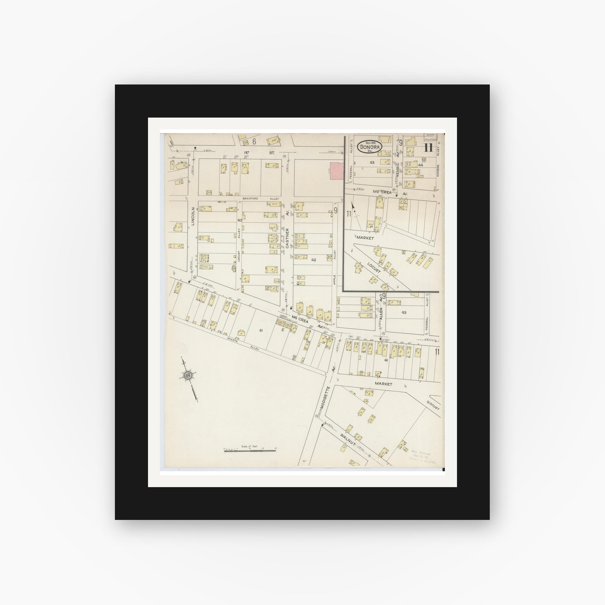 Old map wall art mockup — black gallery frame with white mat — Sanborn Fire Insurance Map from Donora, Washington County, Pennsylvania (1914), Sheet #0011