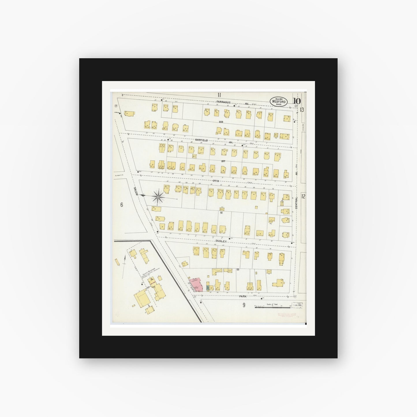 Old map wall art mockup — black gallery frame with white mat — Sanborn Fire Insurance Map from Medford, Middlesex County, Massachusetts (1903), Sheet #0010